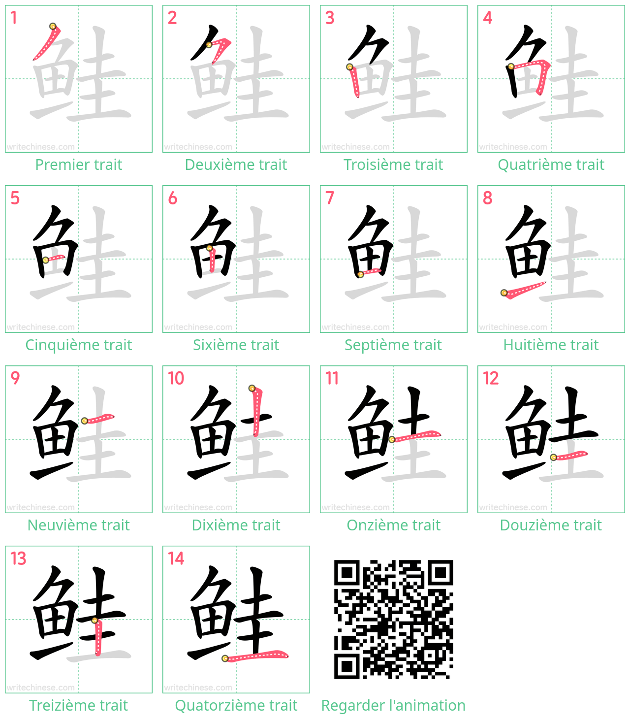 Diagrammes d'ordre des traits étape par étape pour le caractère 鲑