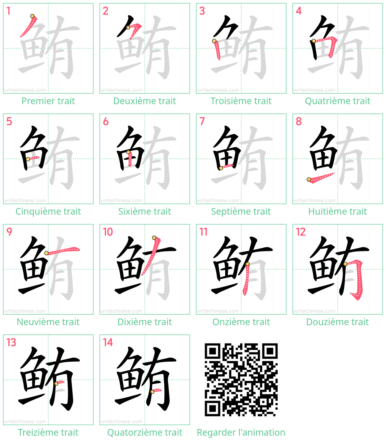 Diagrammes d'ordre des traits étape par étape pour le caractère 鲔