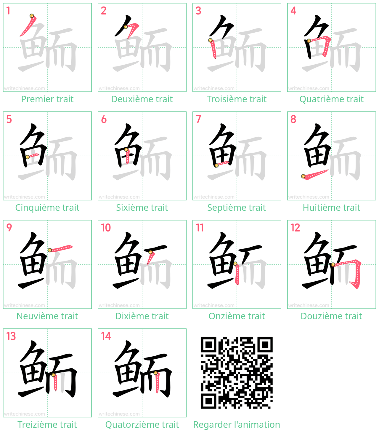 Diagrammes d'ordre des traits étape par étape pour le caractère 鲕