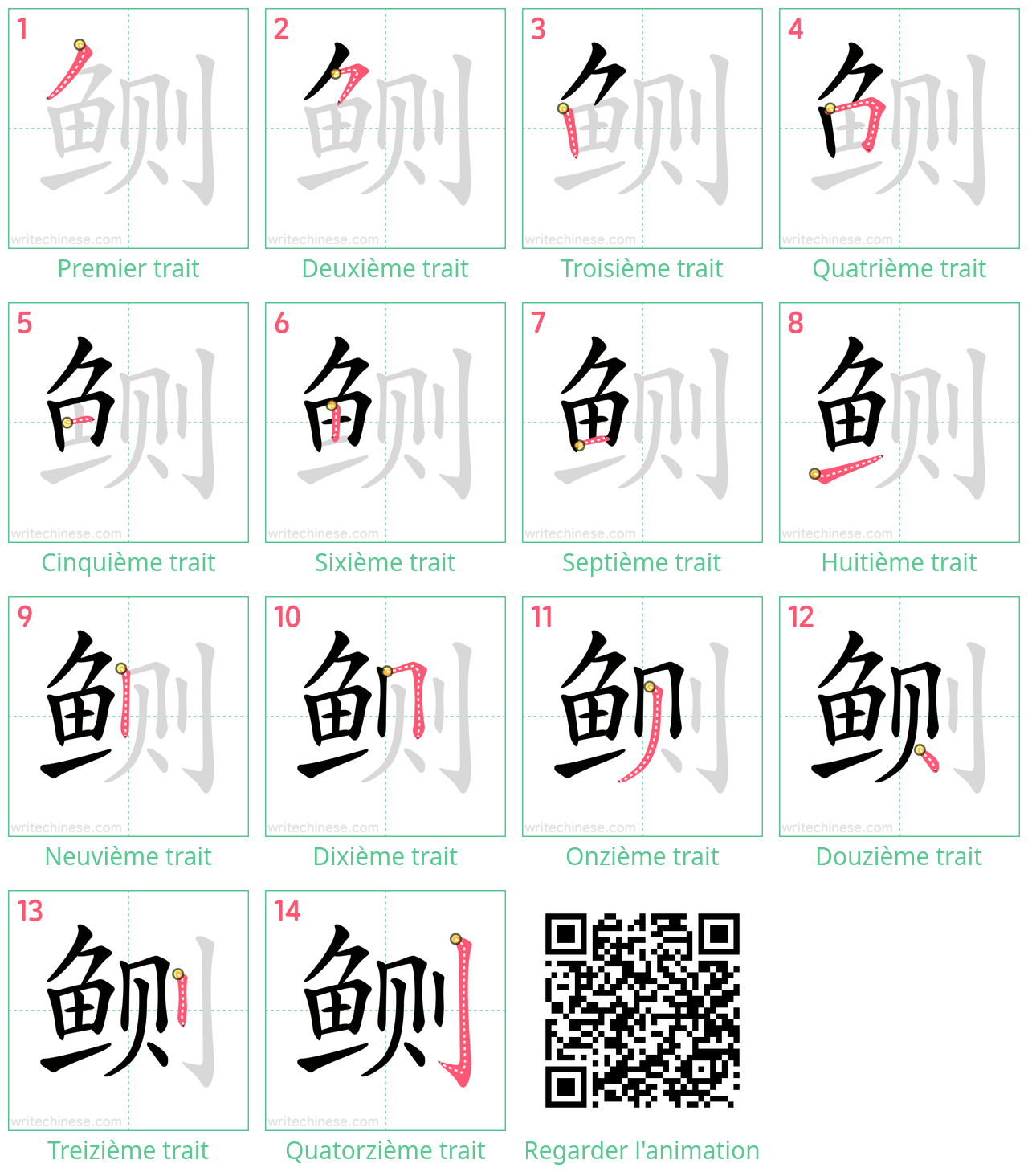 Diagrammes d'ordre des traits étape par étape pour le caractère 鲗