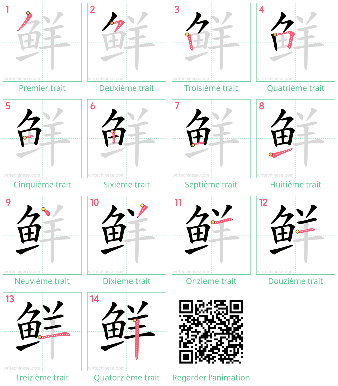 Diagrammes d'ordre des traits étape par étape pour le caractère 鲜