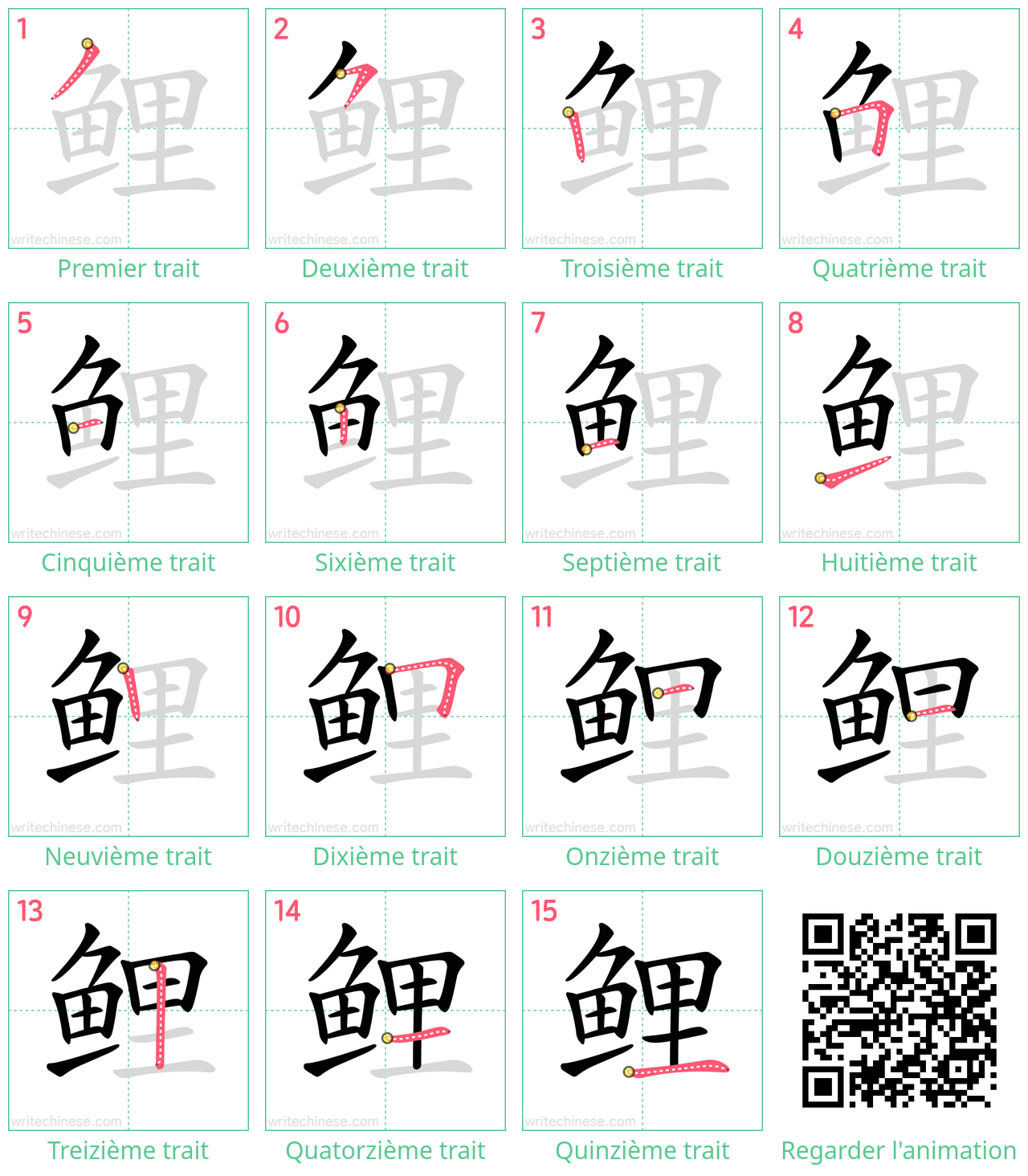 Diagrammes d'ordre des traits étape par étape pour le caractère 鲤