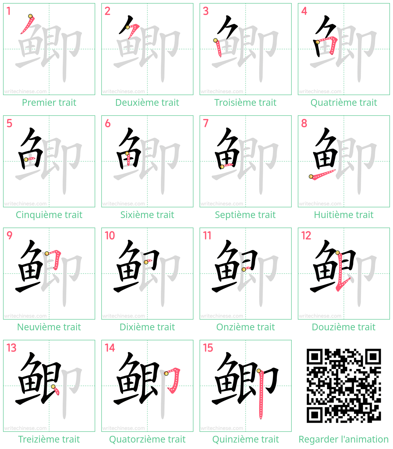 Diagrammes d'ordre des traits étape par étape pour le caractère 鲫