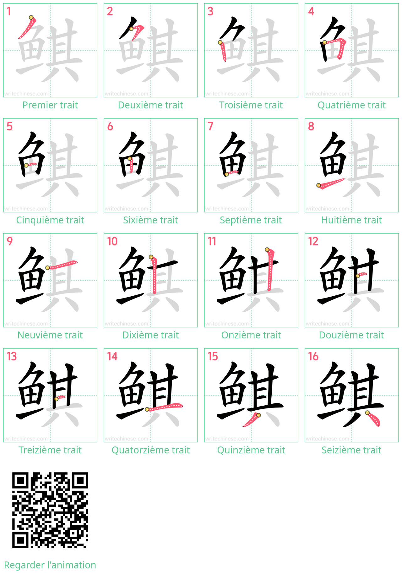 Diagrammes d'ordre des traits étape par étape pour le caractère 鲯