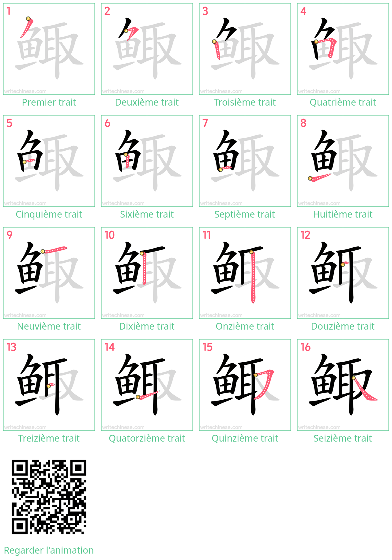 Diagrammes d'ordre des traits étape par étape pour le caractère 鲰