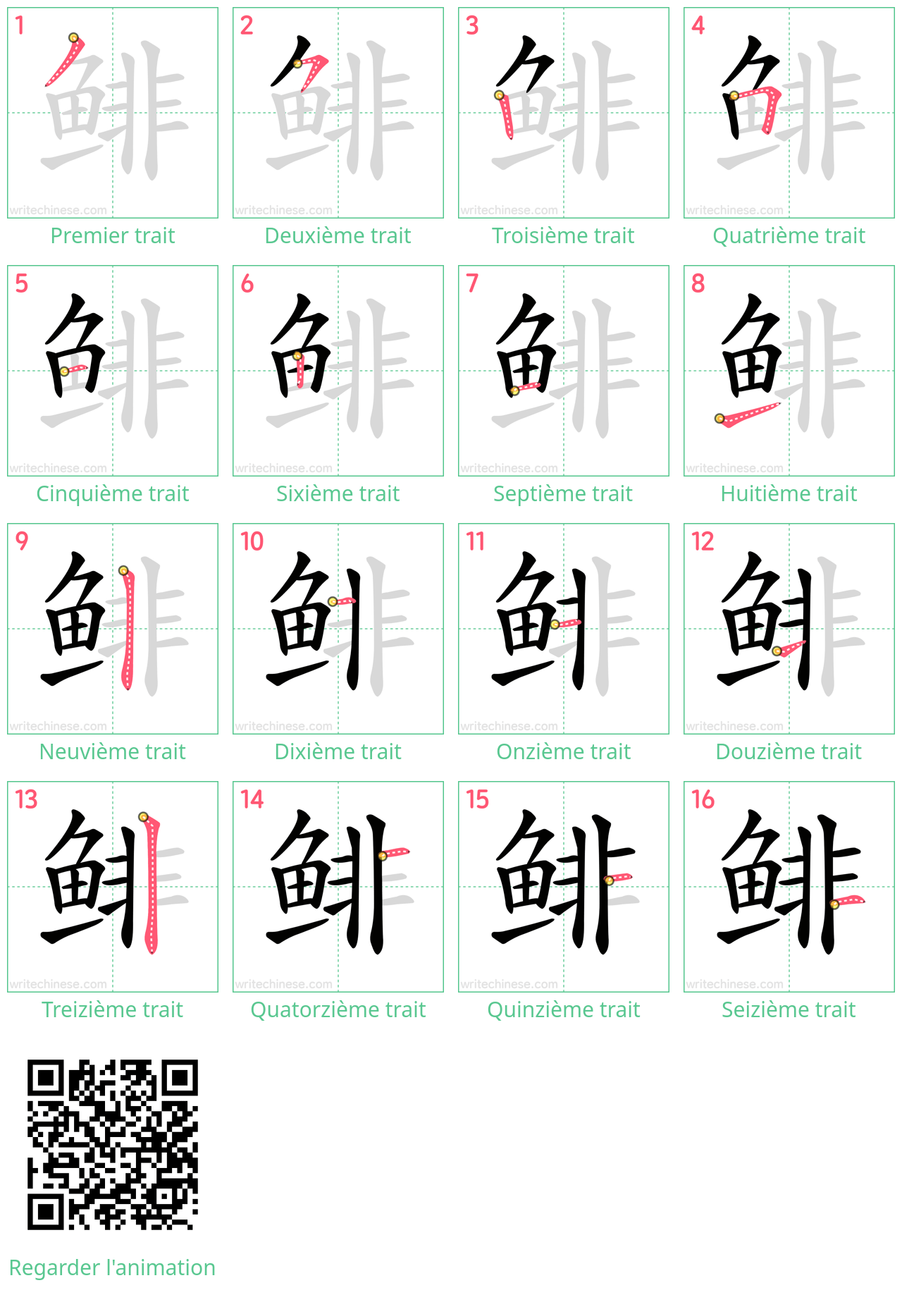 Diagrammes d'ordre des traits étape par étape pour le caractère 鲱