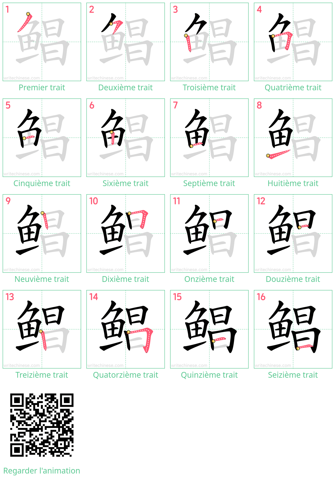 Diagrammes d'ordre des traits étape par étape pour le caractère 鲳