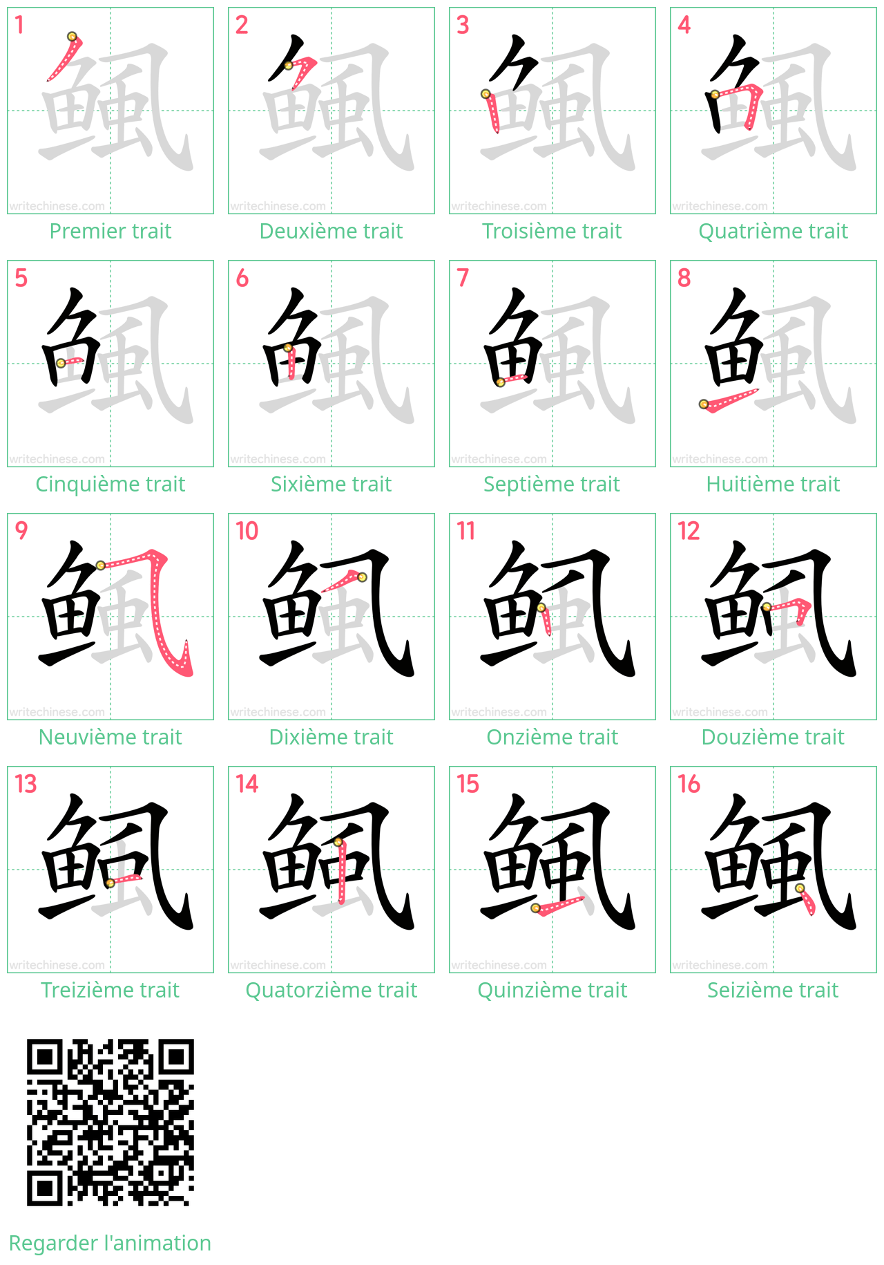 Diagrammes d'ordre des traits étape par étape pour le caractère 鲺