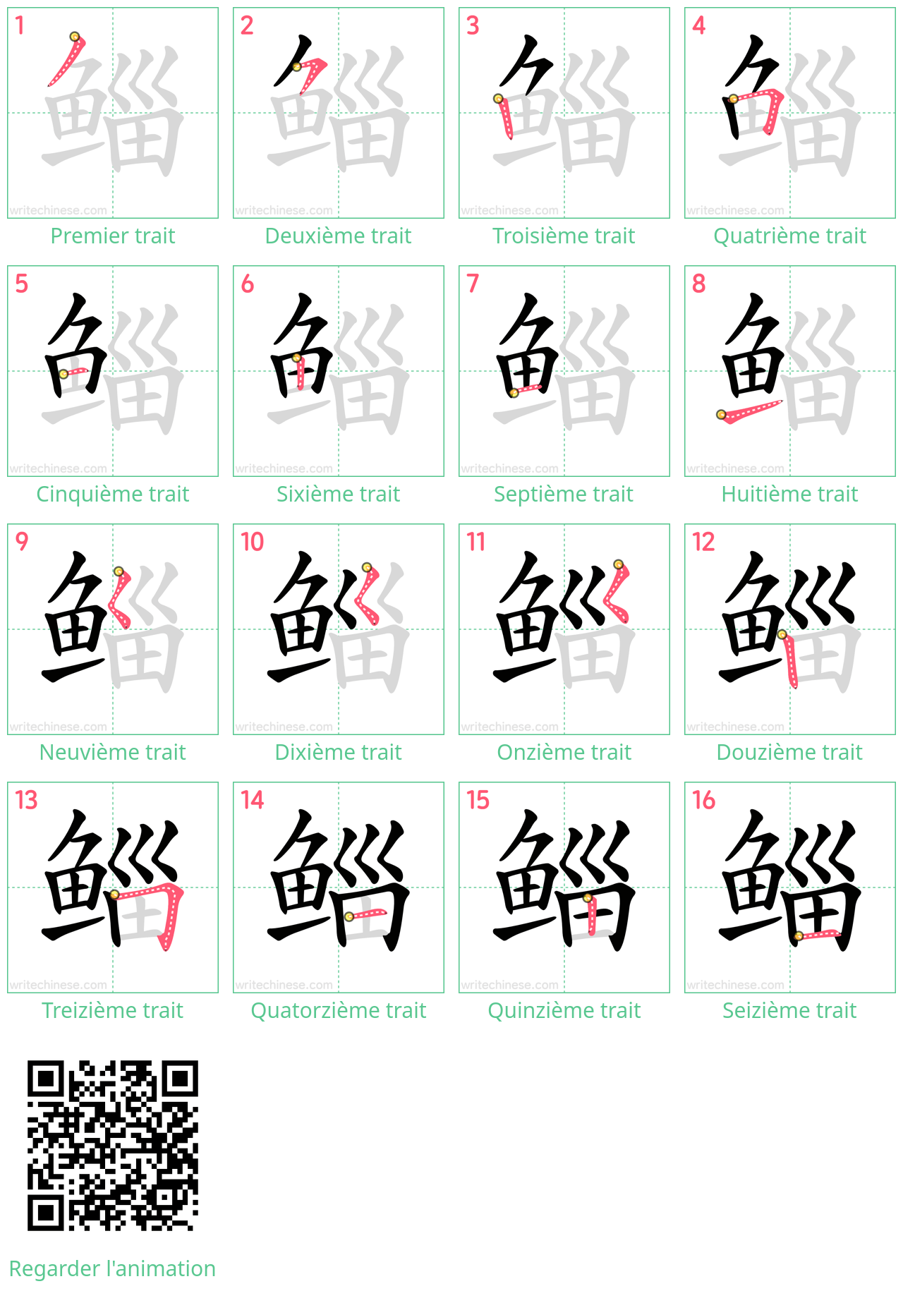 Diagrammes d'ordre des traits étape par étape pour le caractère 鲻