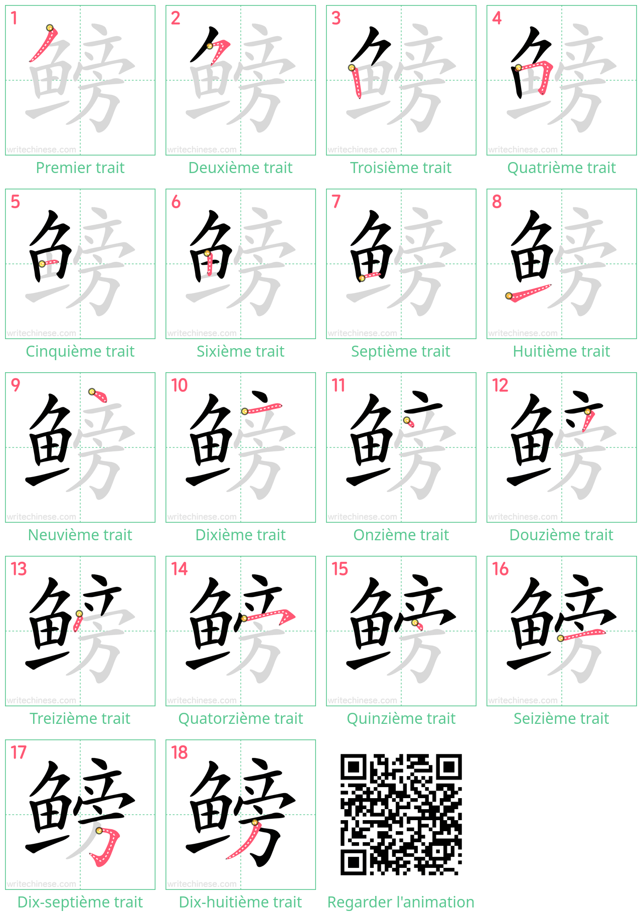 Diagrammes d'ordre des traits étape par étape pour le caractère 鳑