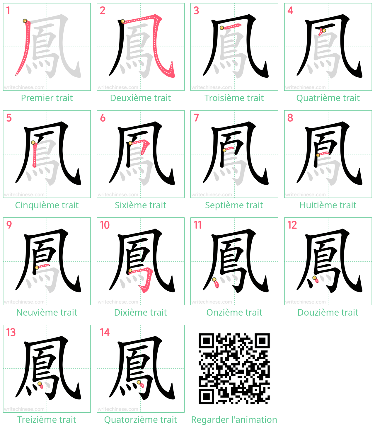 Diagrammes d'ordre des traits étape par étape pour le caractère 鳳