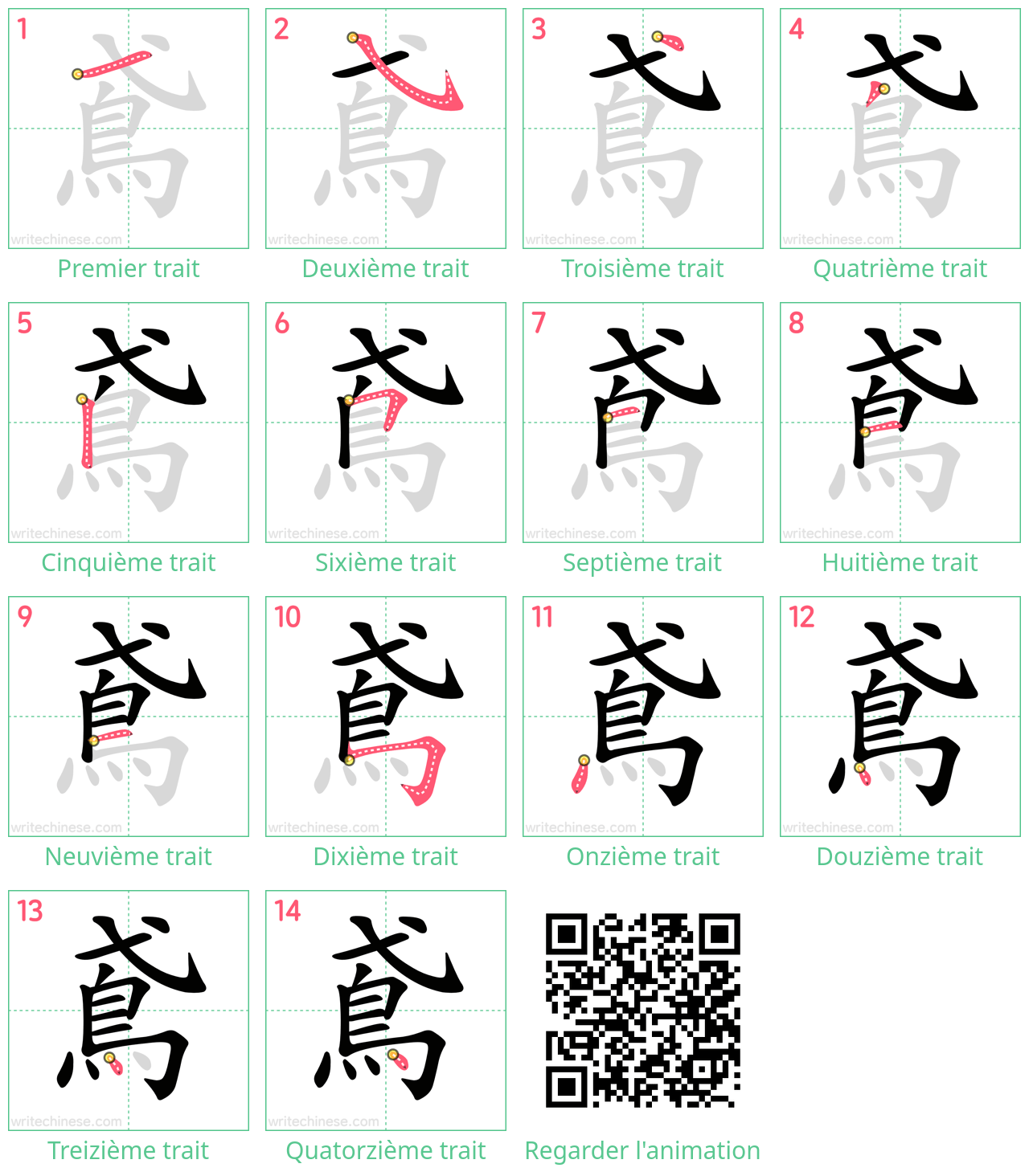 Diagrammes d'ordre des traits étape par étape pour le caractère 鳶