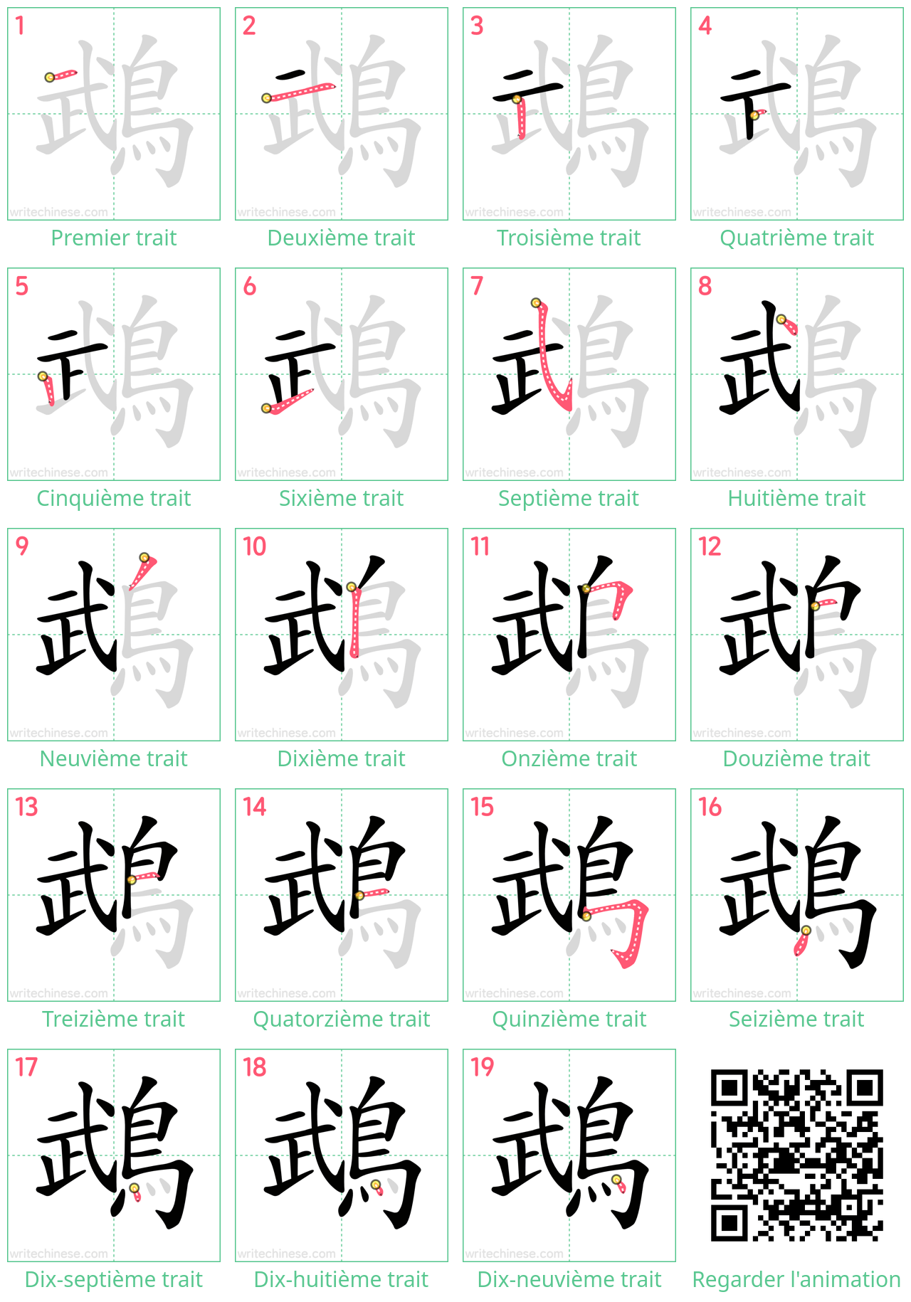 Diagrammes d'ordre des traits étape par étape pour le caractère 鵡