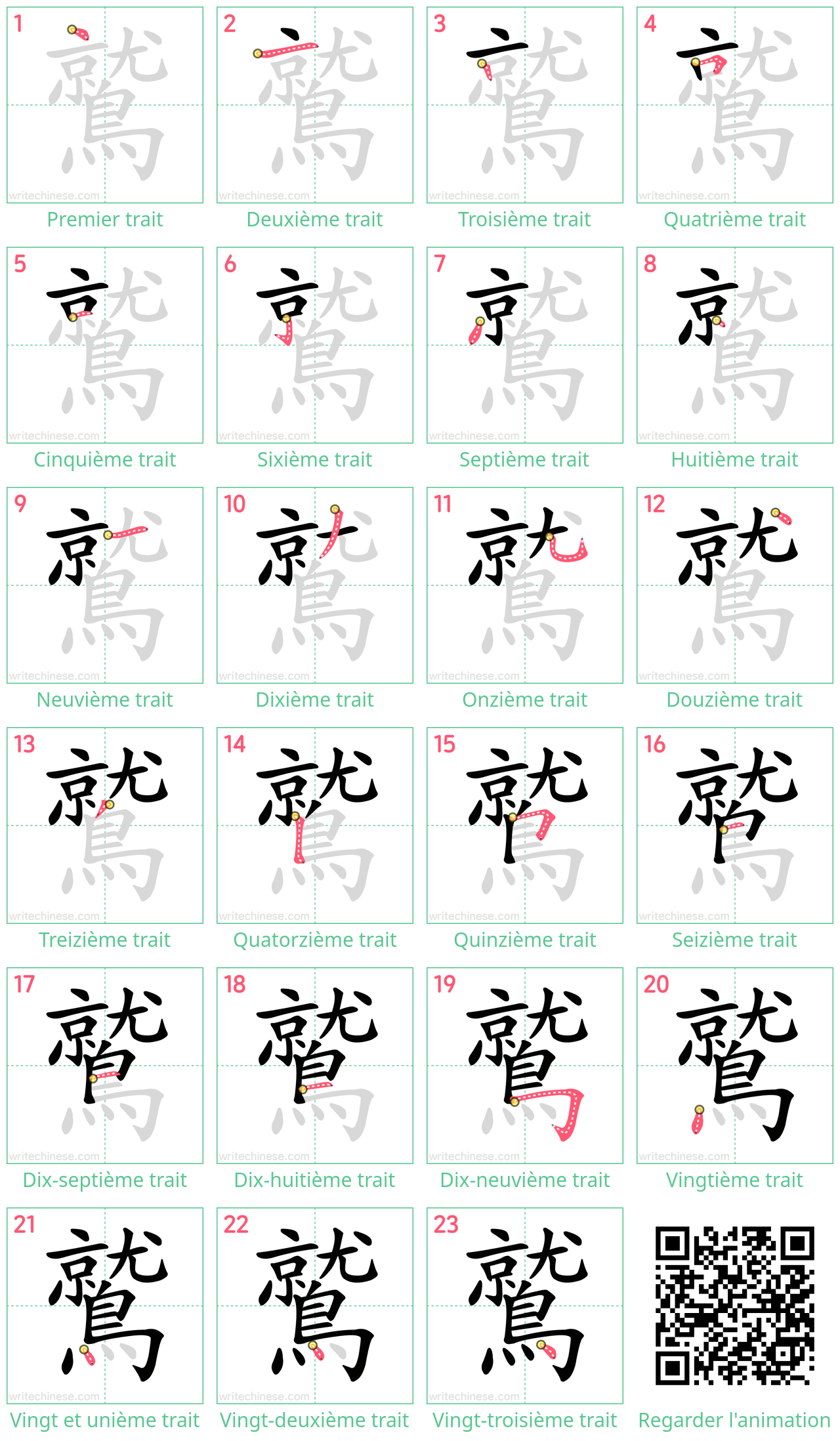 Diagrammes d'ordre des traits étape par étape pour le caractère 鷲