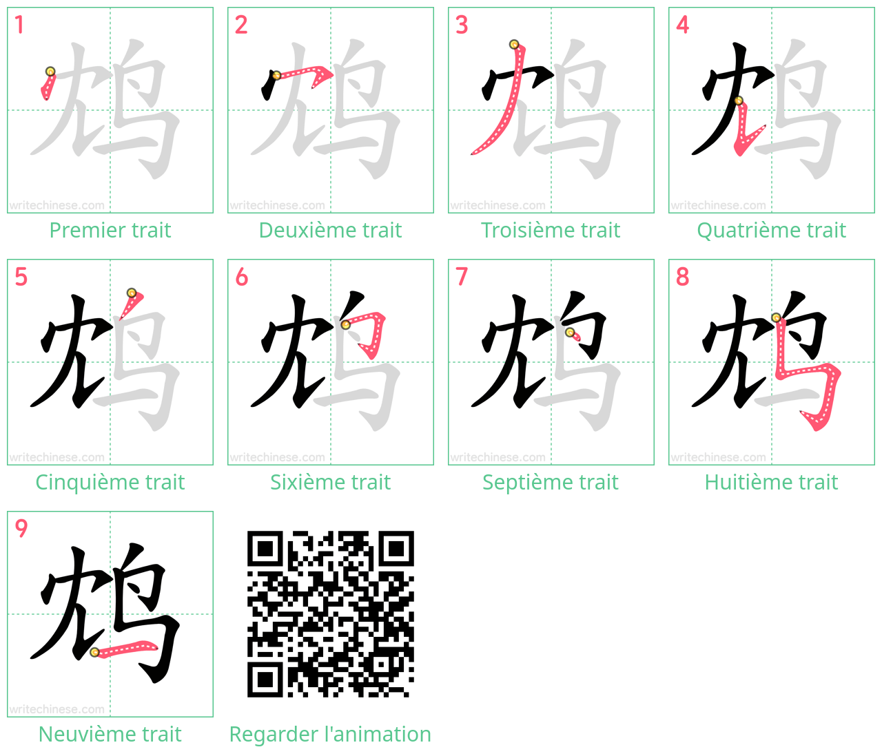 Diagrammes d'ordre des traits étape par étape pour le caractère 鸩