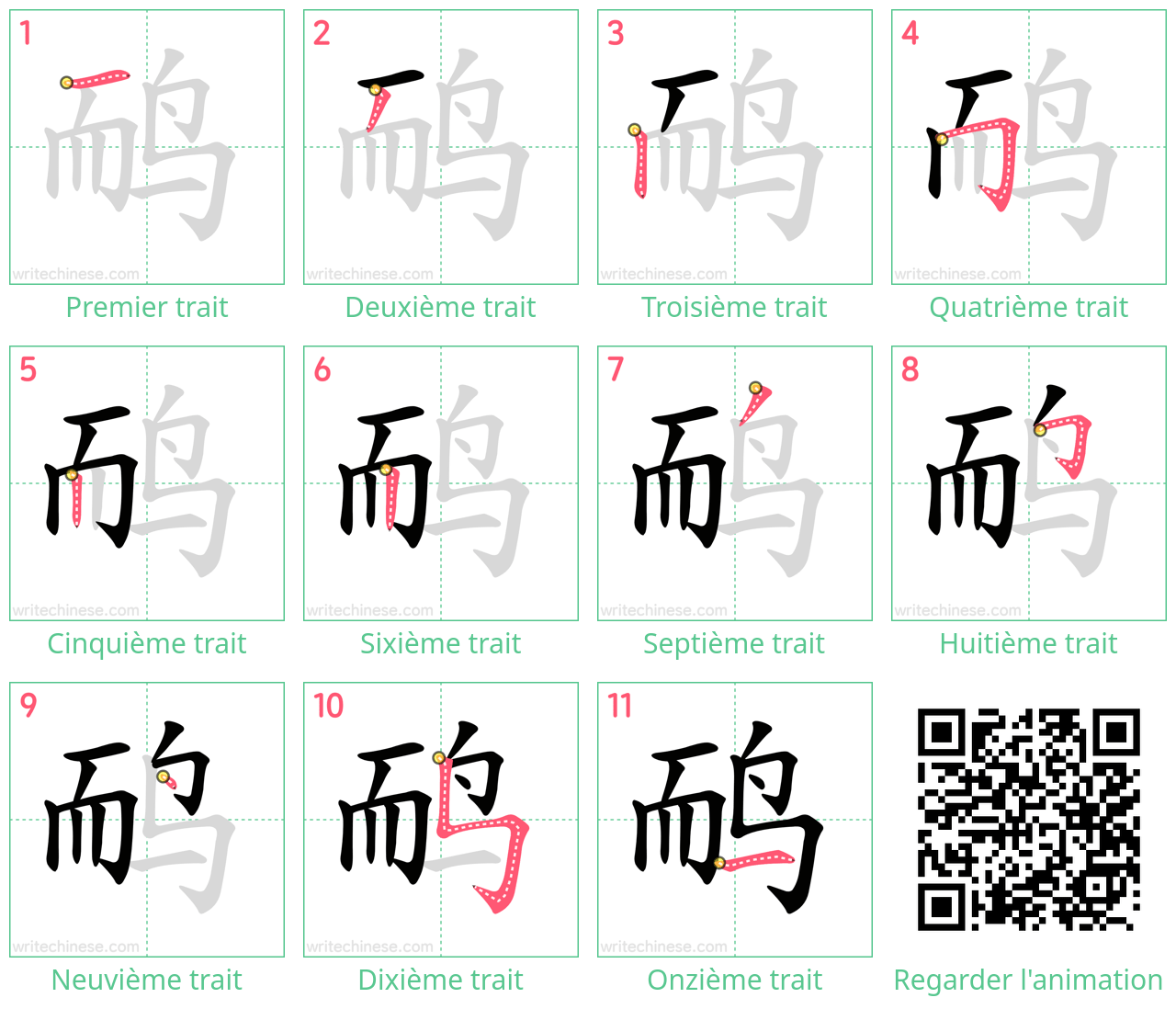 Diagrammes d'ordre des traits étape par étape pour le caractère 鸸