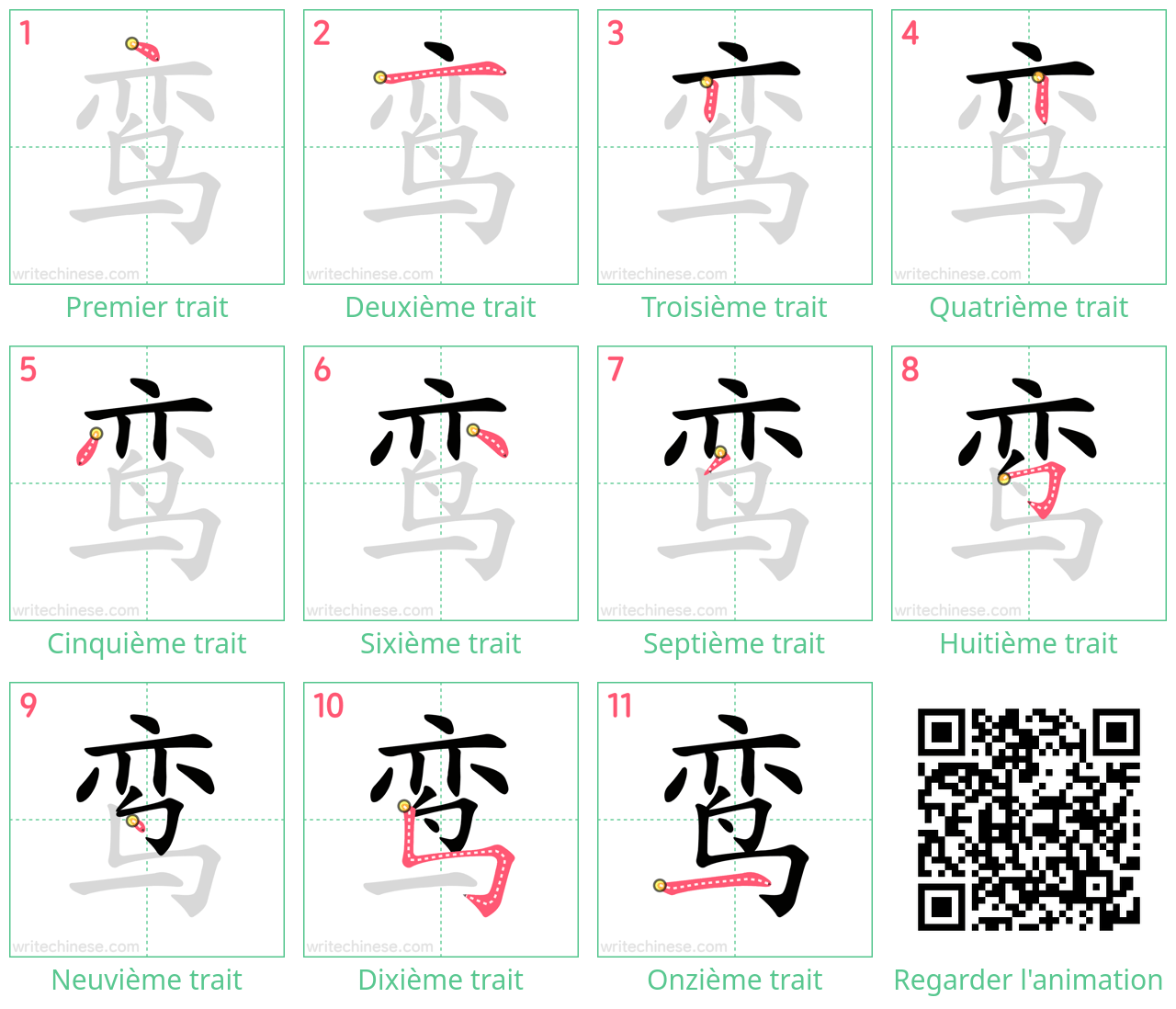 Diagrammes d'ordre des traits étape par étape pour le caractère 鸾