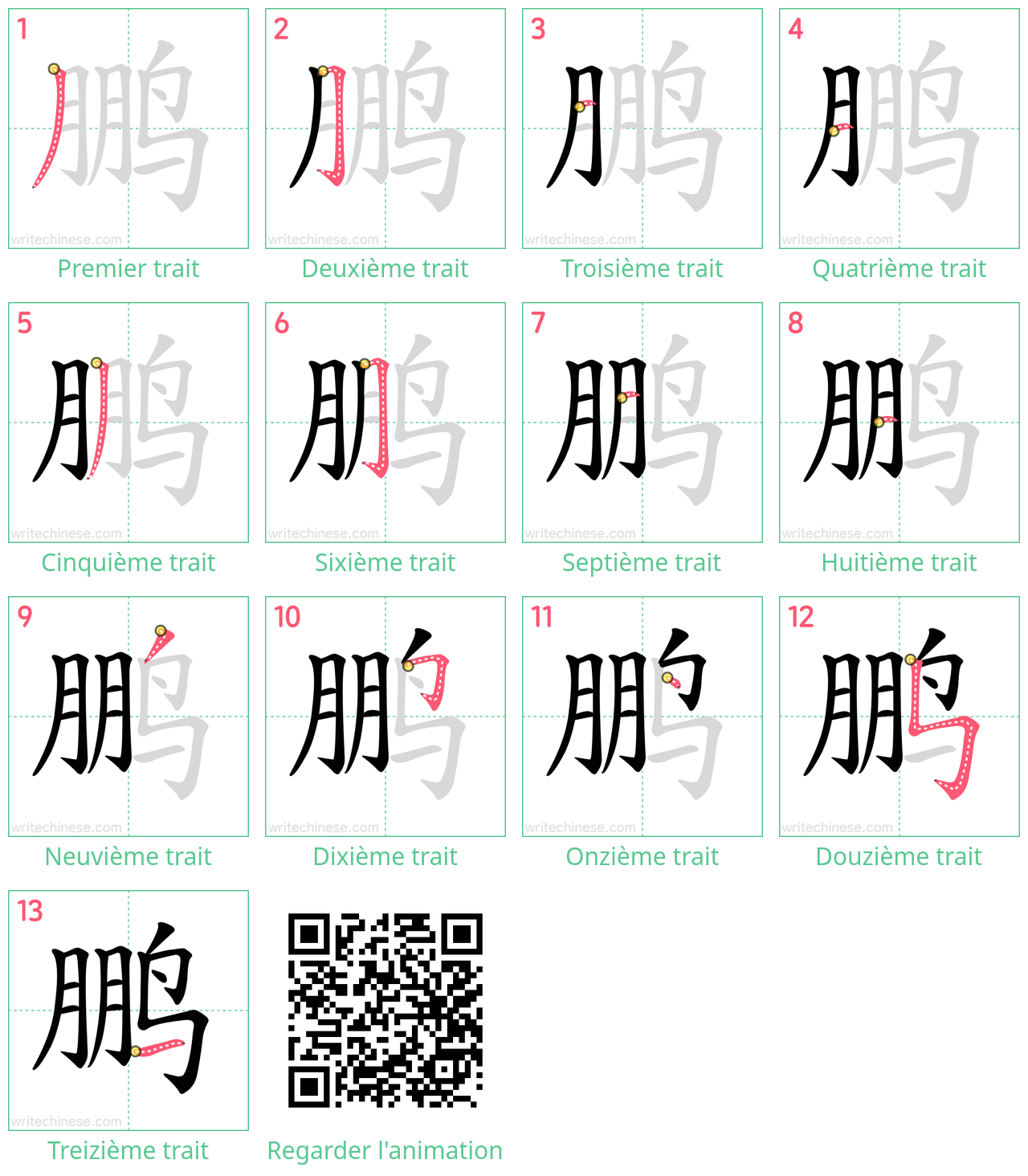 Diagrammes d'ordre des traits étape par étape pour le caractère 鹏