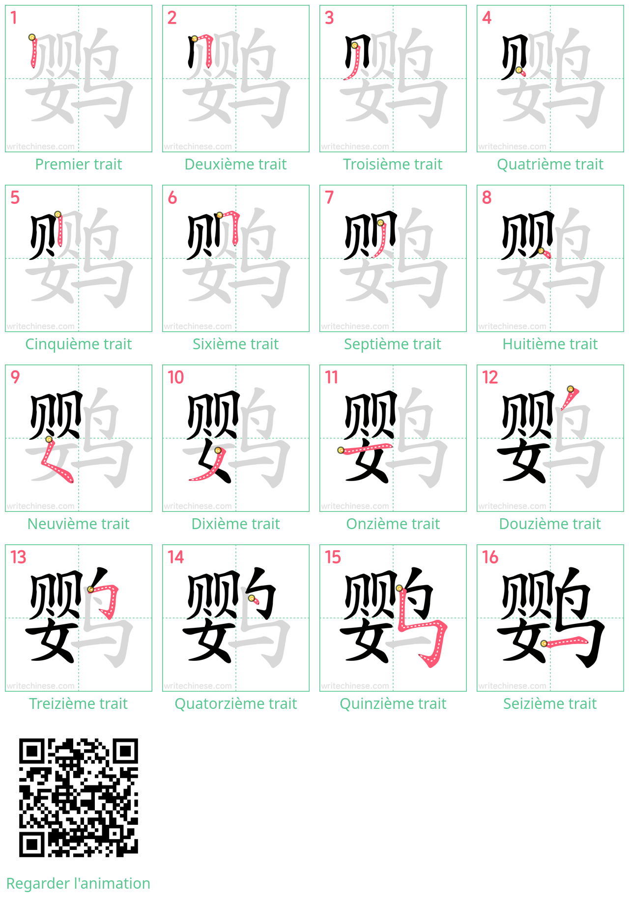 Diagrammes d'ordre des traits étape par étape pour le caractère 鹦