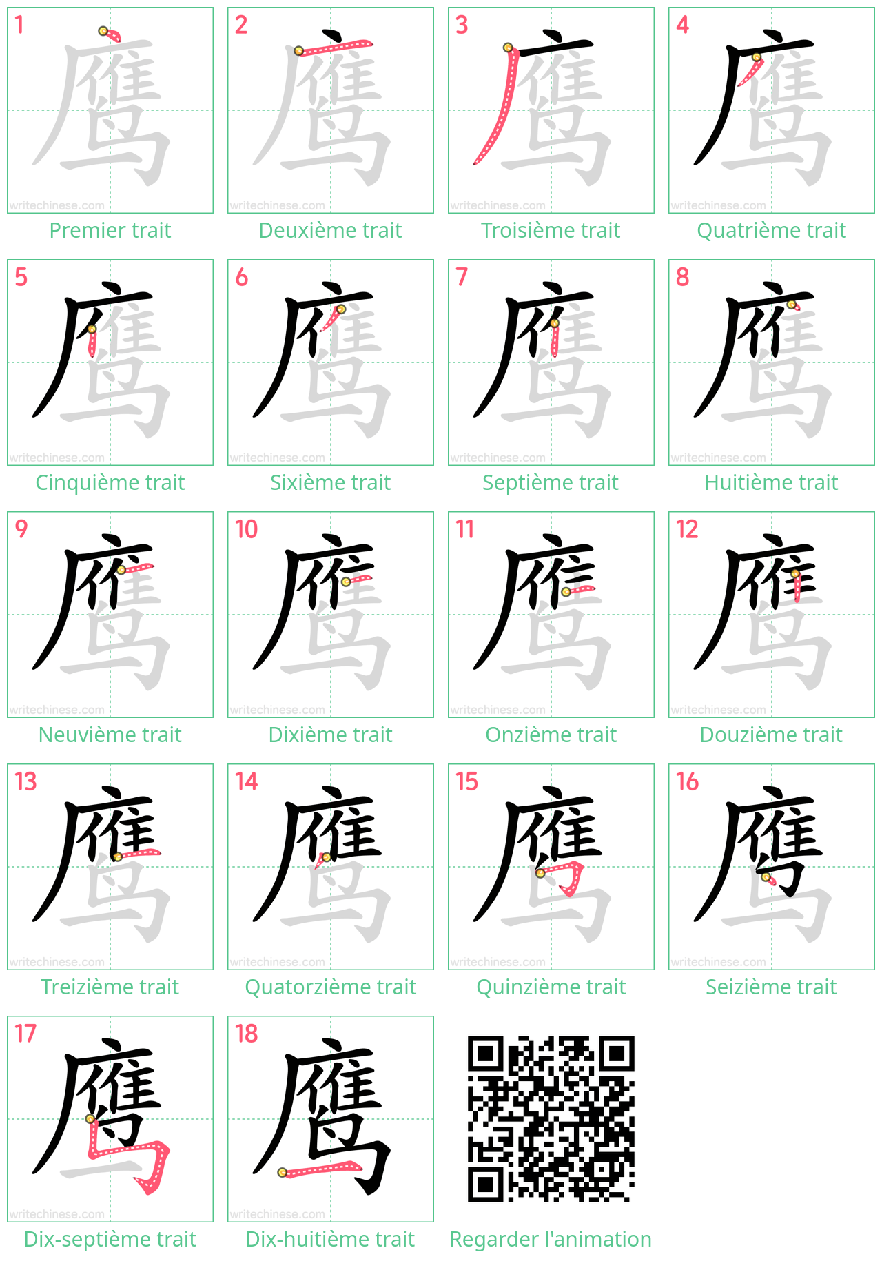 Diagrammes d'ordre des traits étape par étape pour le caractère 鹰
