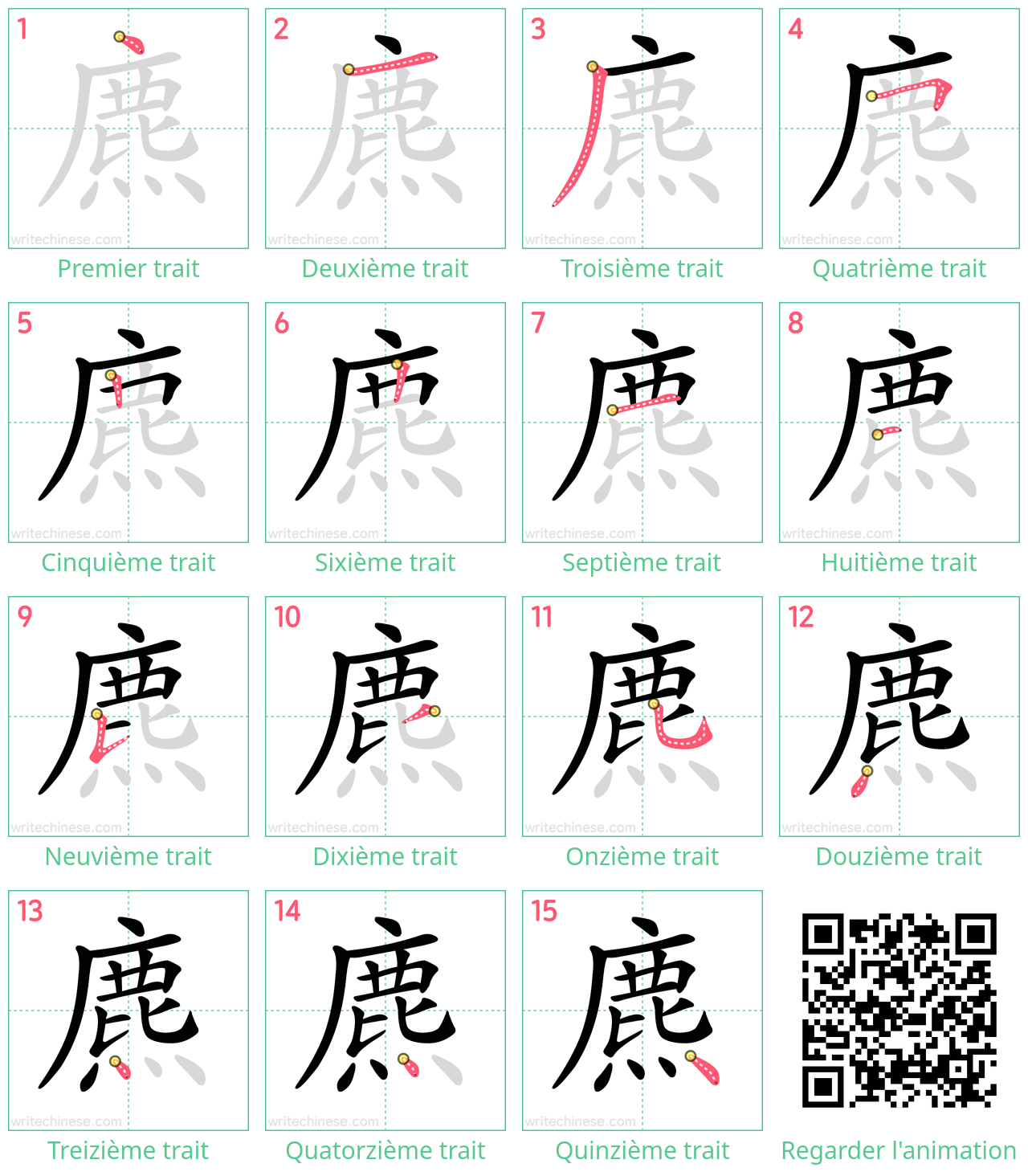 Diagrammes d'ordre des traits étape par étape pour le caractère 麃