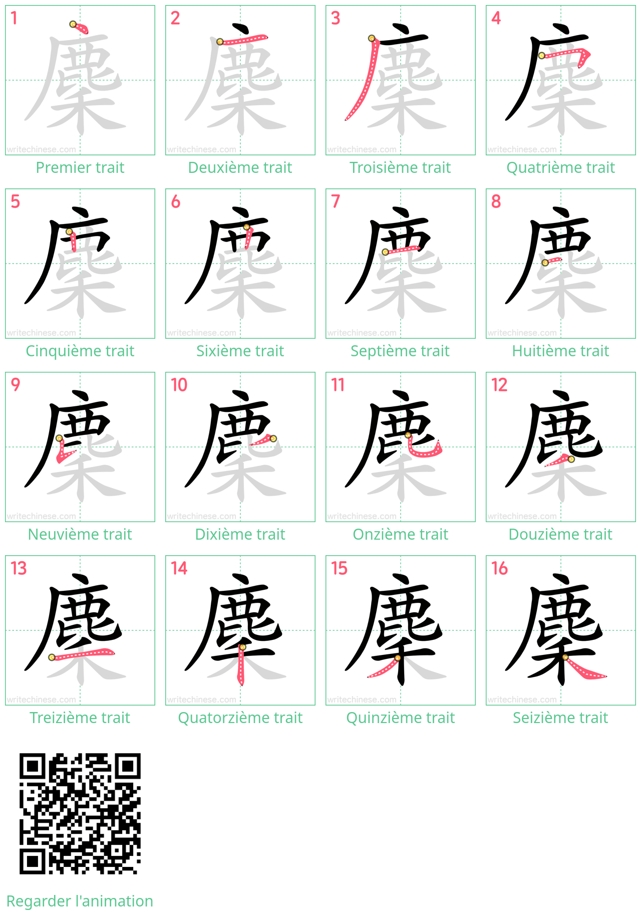 Diagrammes d'ordre des traits étape par étape pour le caractère 麇