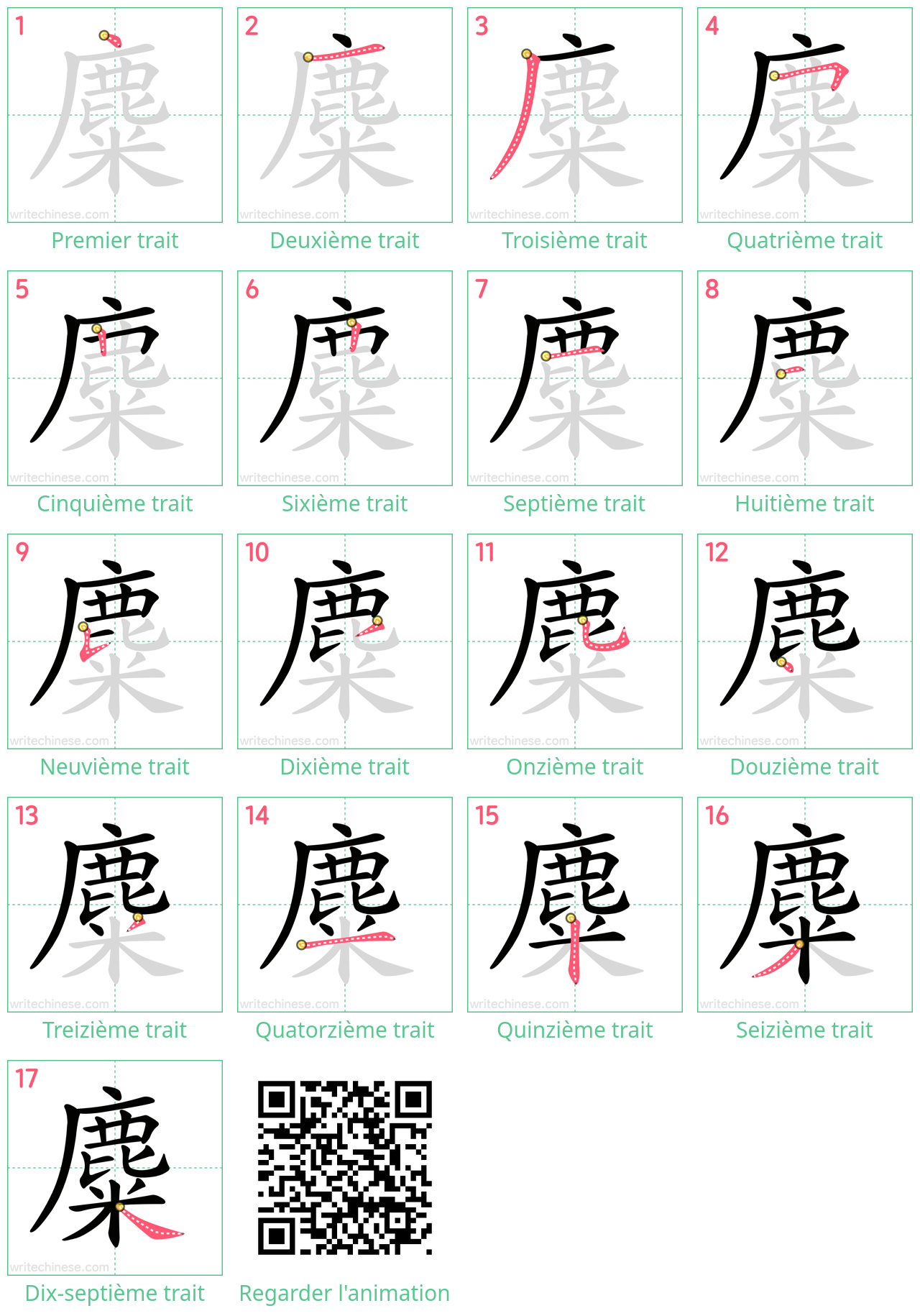 Diagrammes d'ordre des traits étape par étape pour le caractère 麋