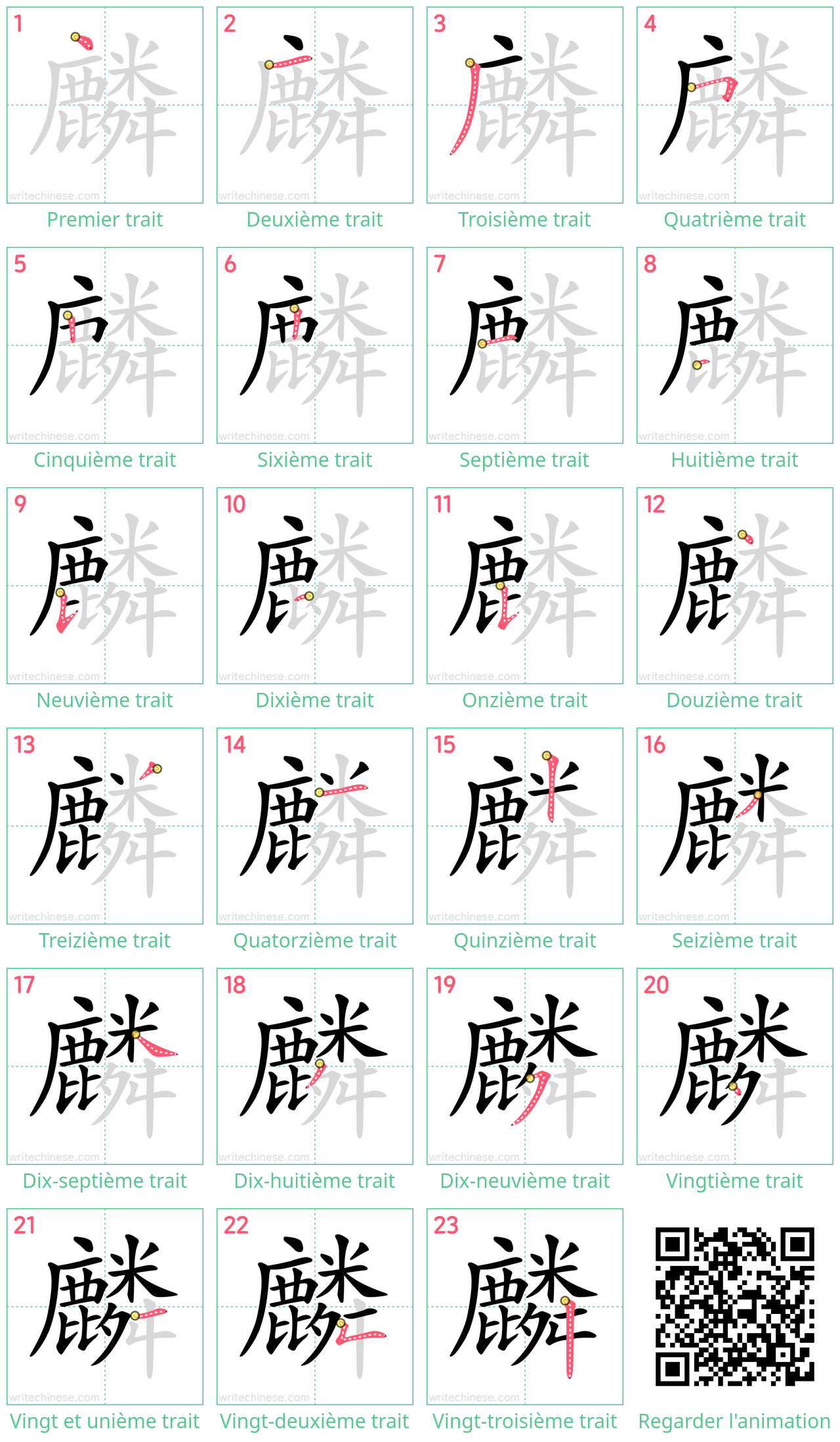 Diagrammes d'ordre des traits étape par étape pour le caractère 麟