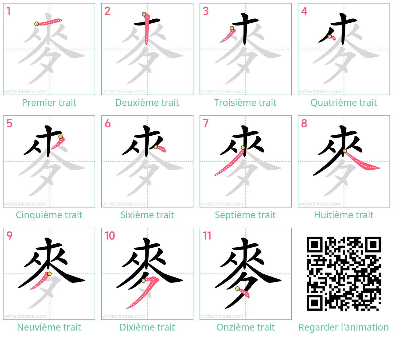 Diagrammes d'ordre des traits étape par étape pour le caractère 麥