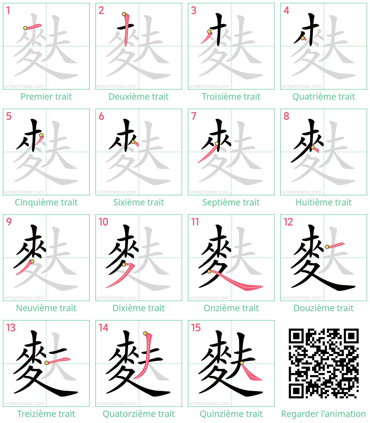 Diagrammes d'ordre des traits étape par étape pour le caractère 麩