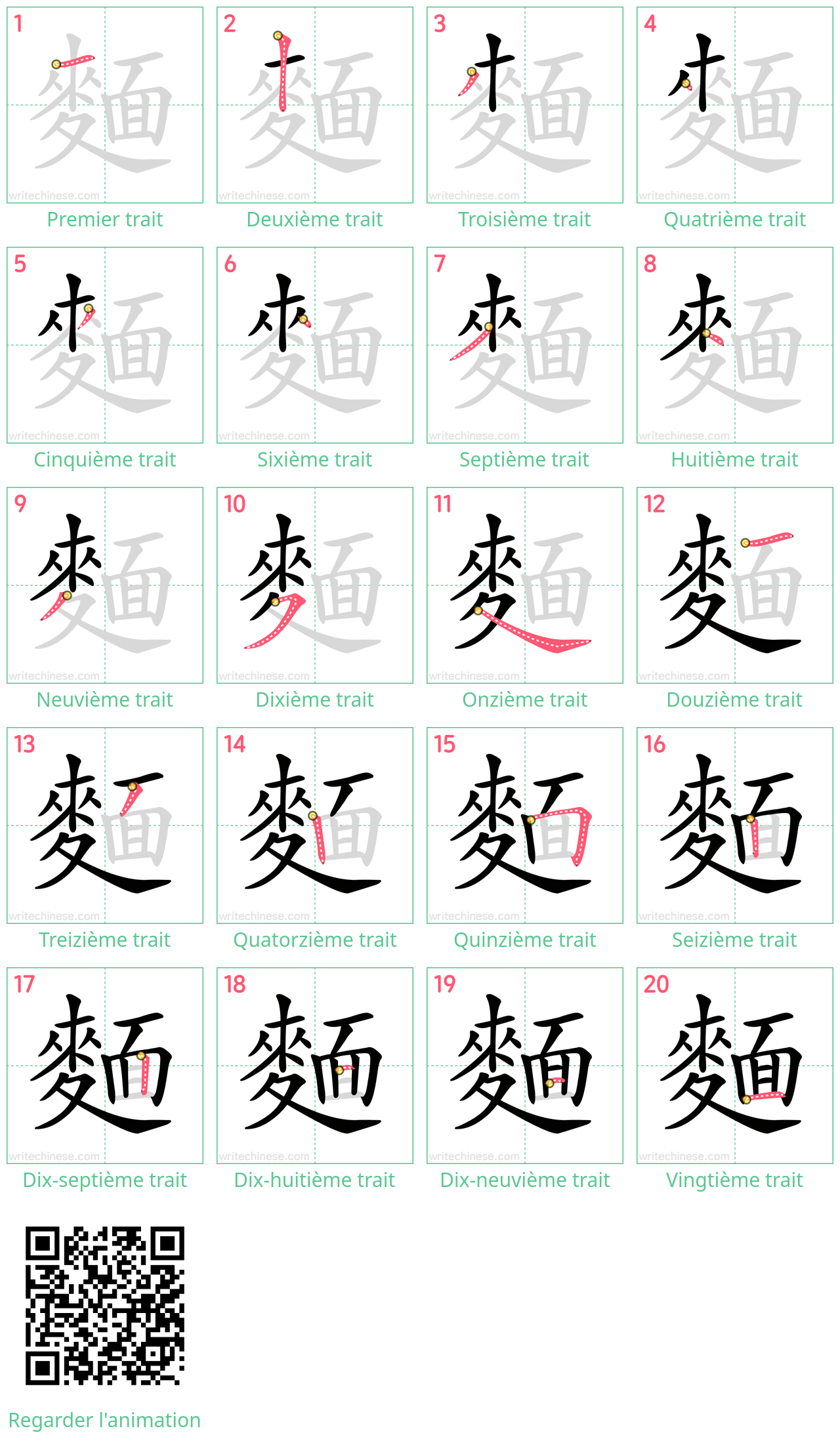 Diagrammes d'ordre des traits étape par étape pour le caractère 麵