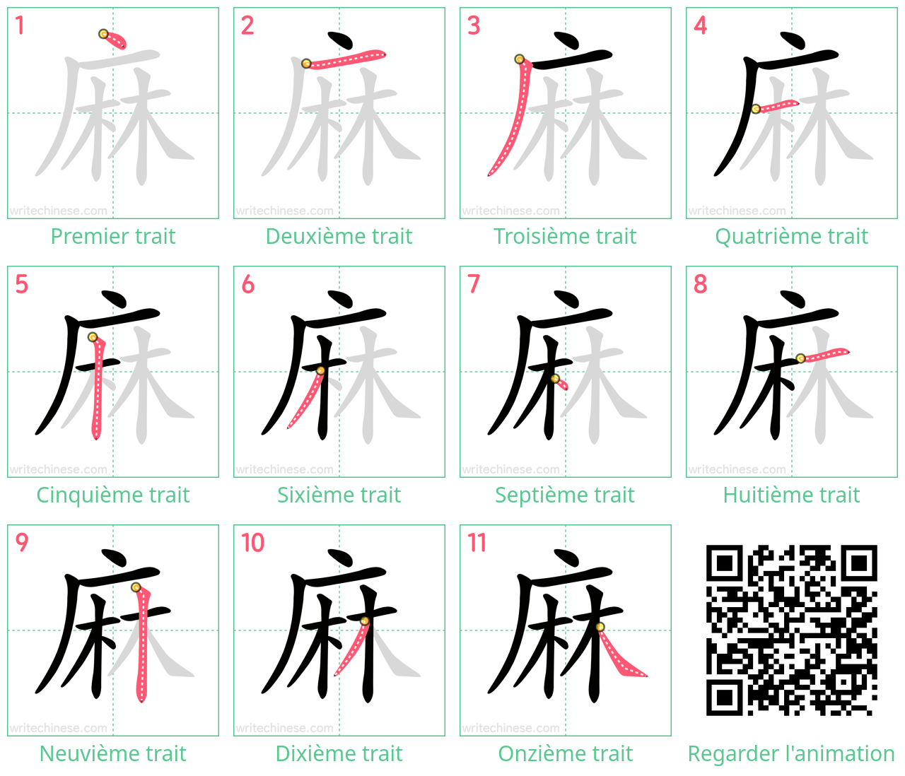 Diagrammes d'ordre des traits étape par étape pour le caractère 麻