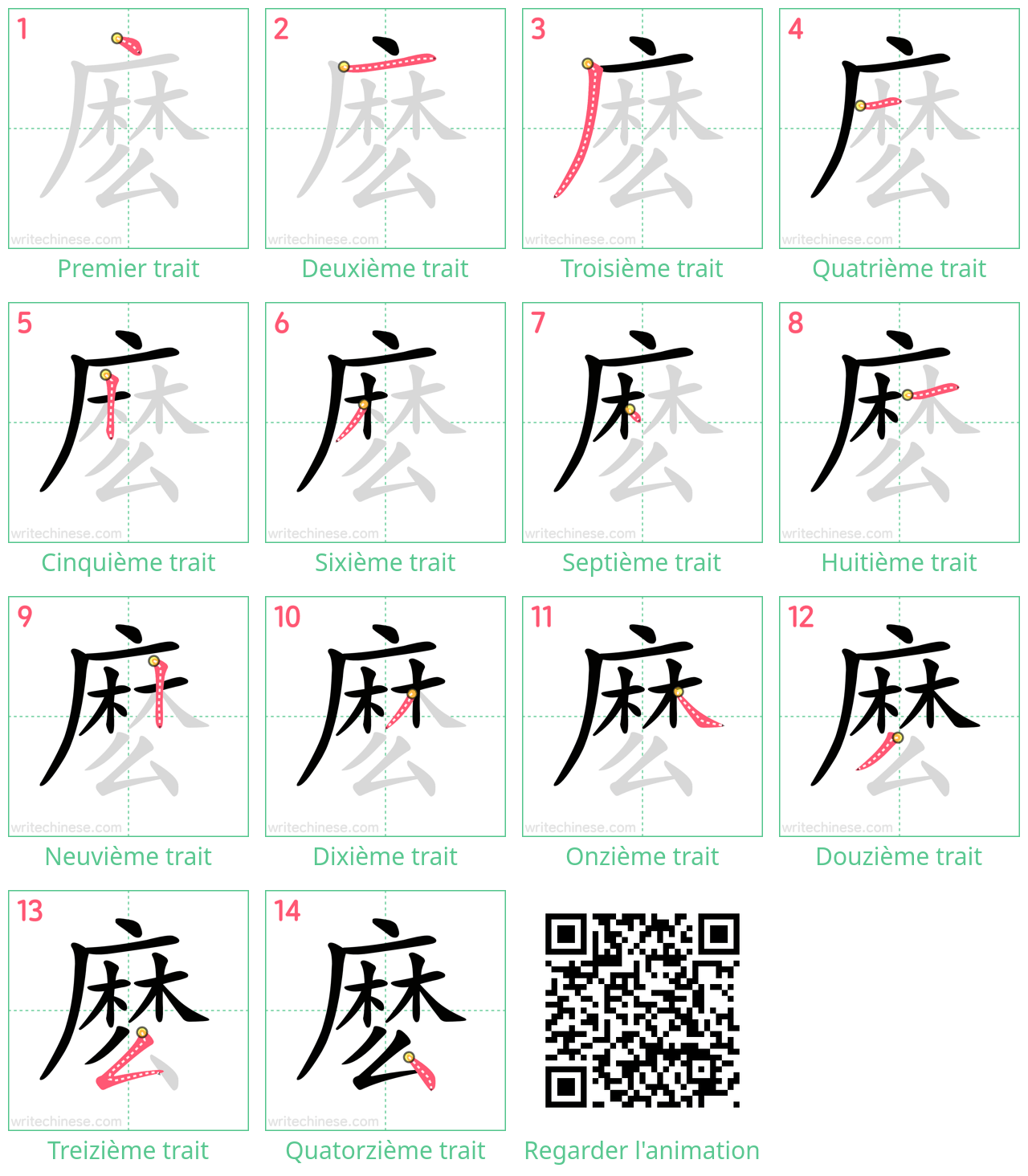 Diagrammes d'ordre des traits étape par étape pour le caractère 麽