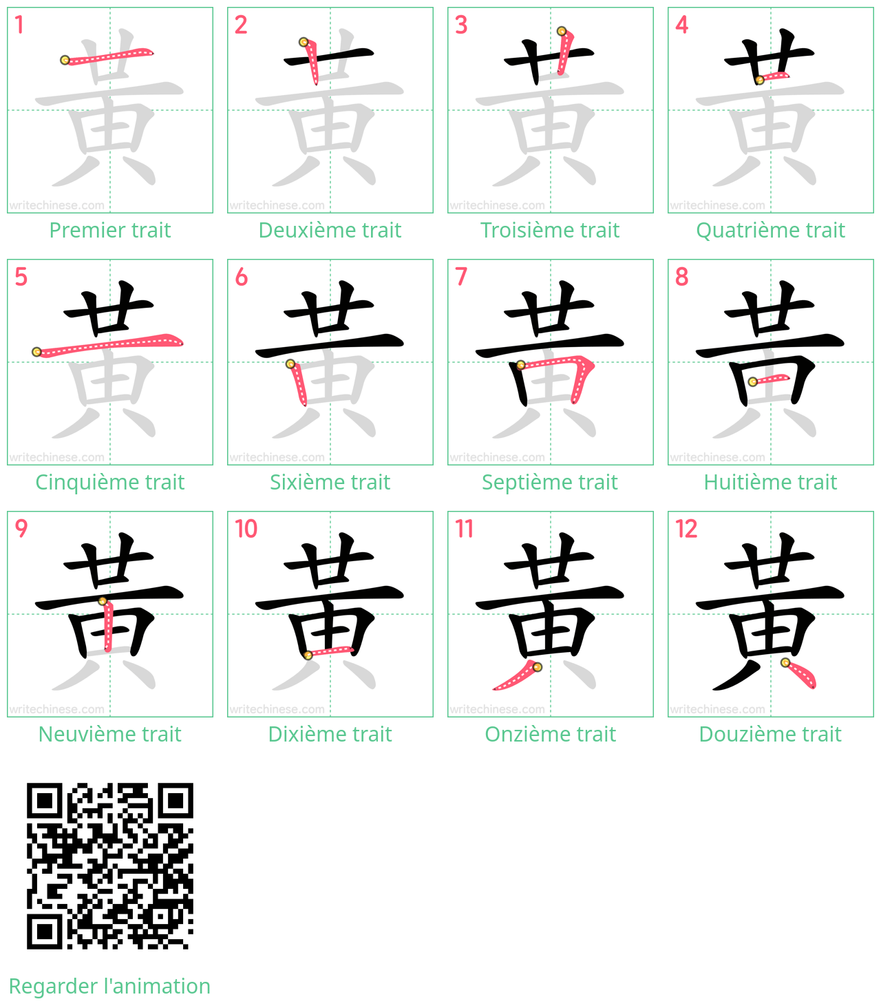 Diagrammes d'ordre des traits étape par étape pour le caractère 黃