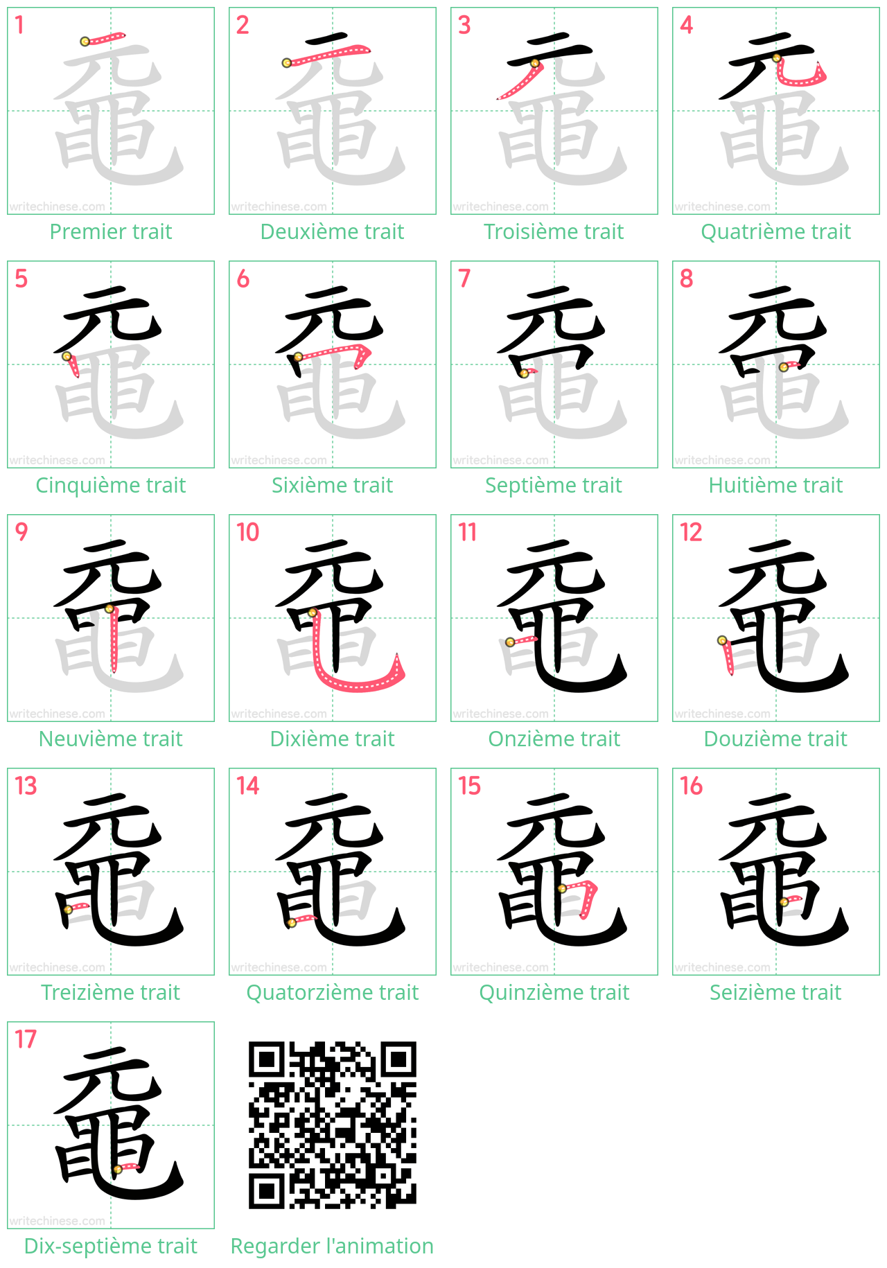 Diagrammes d'ordre des traits étape par étape pour le caractère 黿