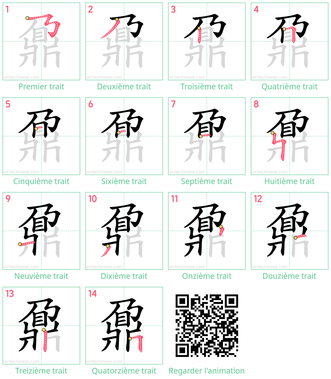 Diagrammes d'ordre des traits étape par étape pour le caractère 鼐