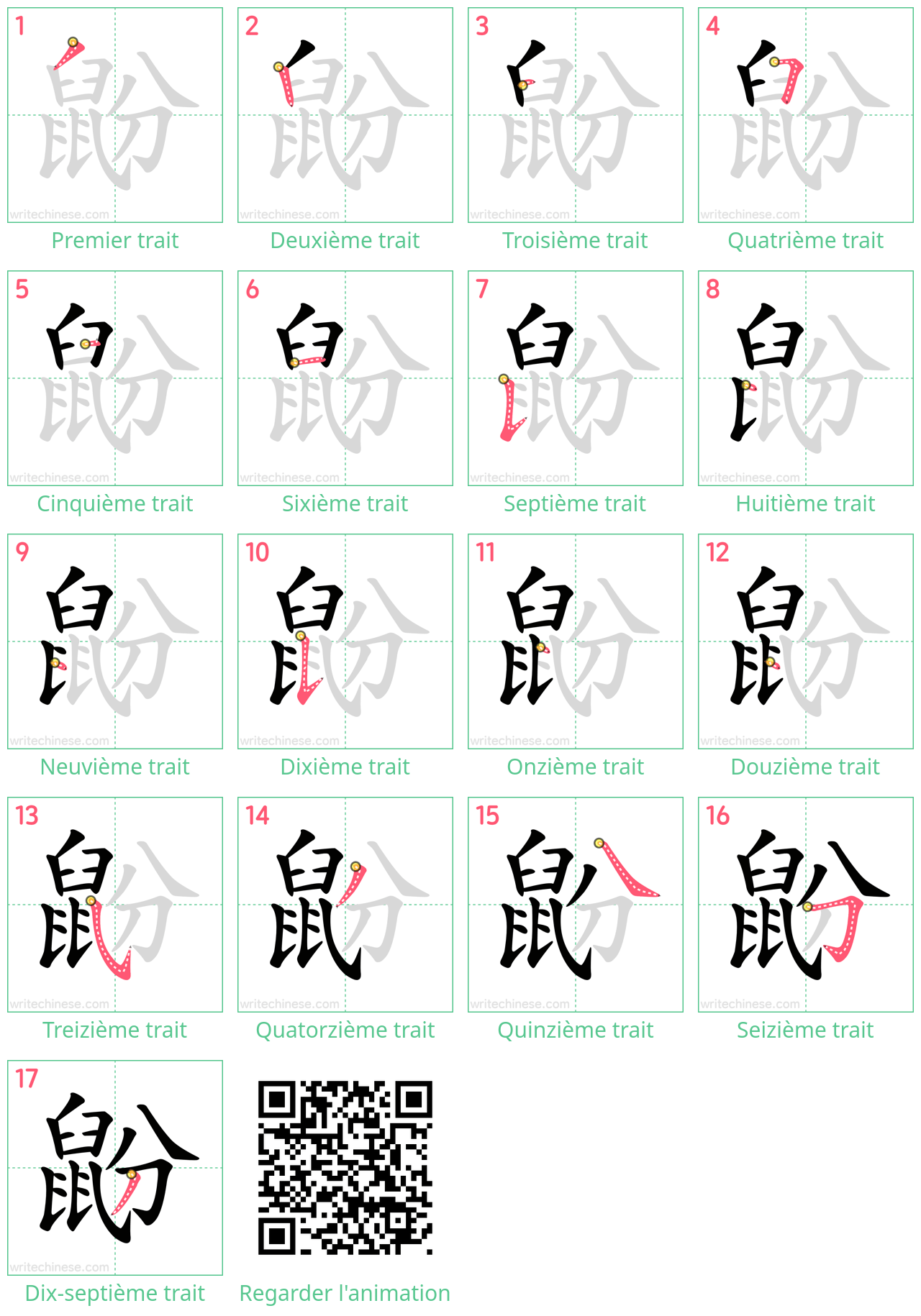 Diagrammes d'ordre des traits étape par étape pour le caractère 鼢