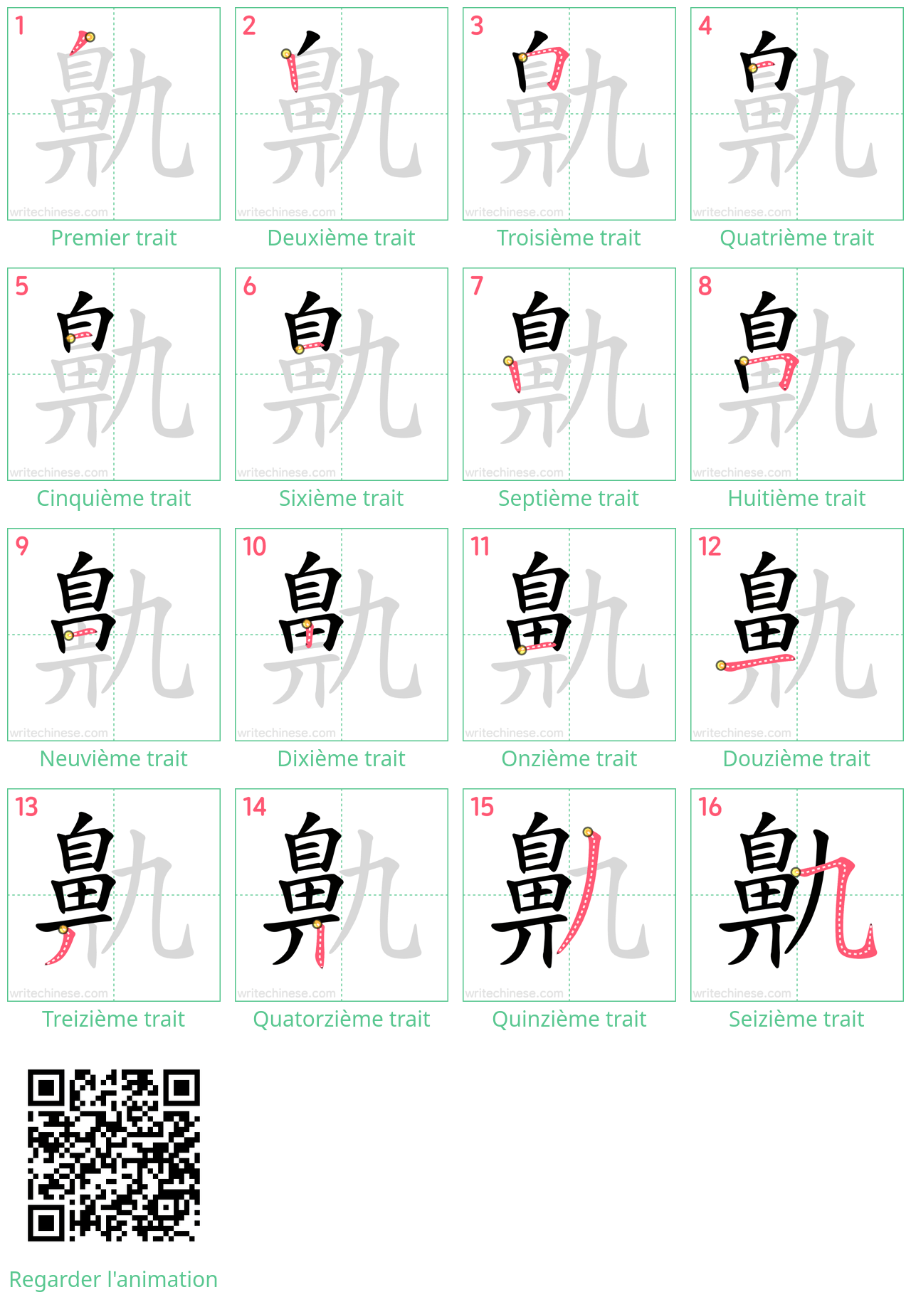 Diagrammes d'ordre des traits étape par étape pour le caractère 鼽