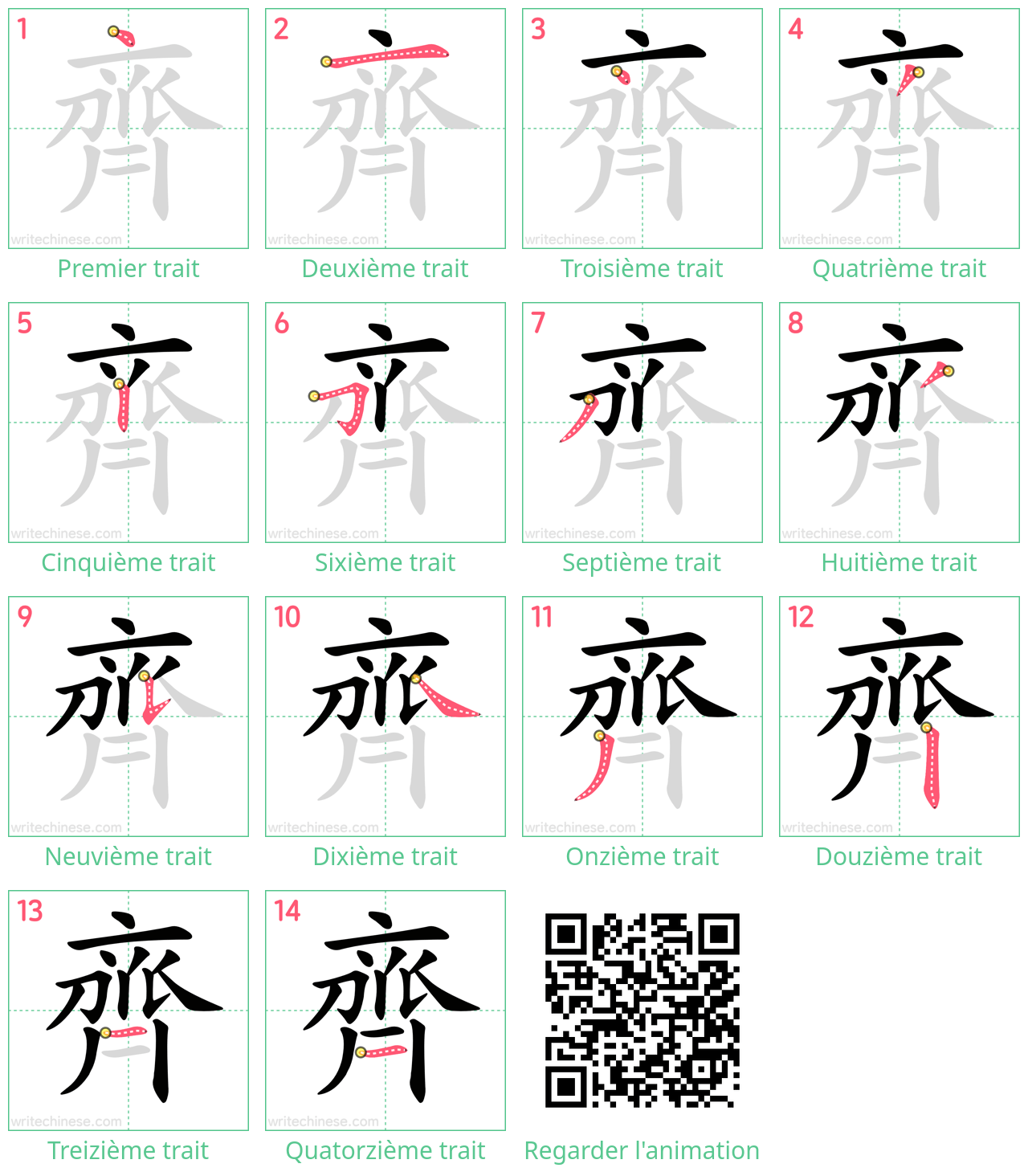 Diagrammes d'ordre des traits étape par étape pour le caractère 齊