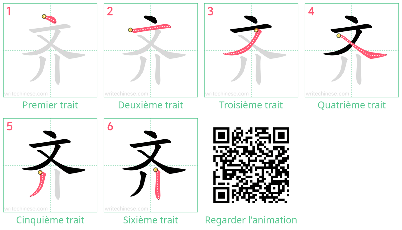 Diagrammes d'ordre des traits étape par étape pour le caractère 齐