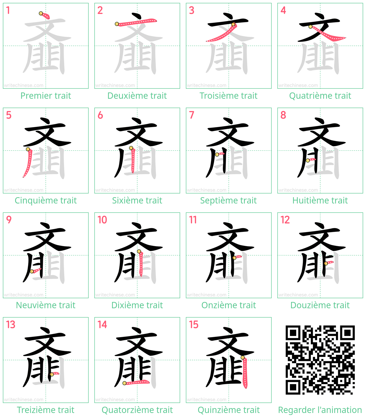 Diagrammes d'ordre des traits étape par étape pour le caractère 齑