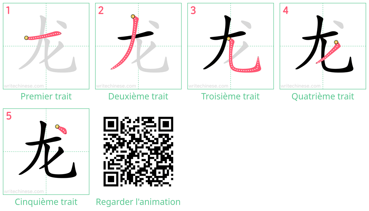 Diagrammes d'ordre des traits étape par étape pour le caractère 龙