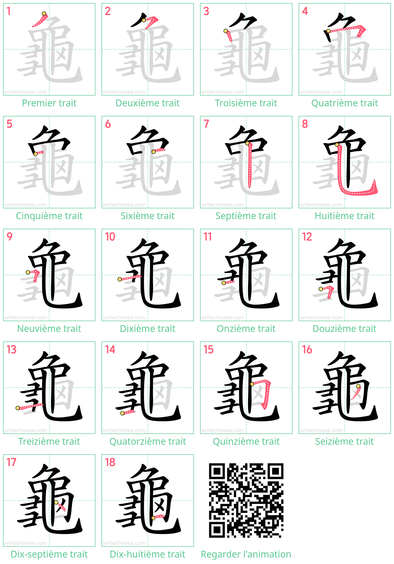 Diagrammes d'ordre des traits étape par étape pour le caractère 龜