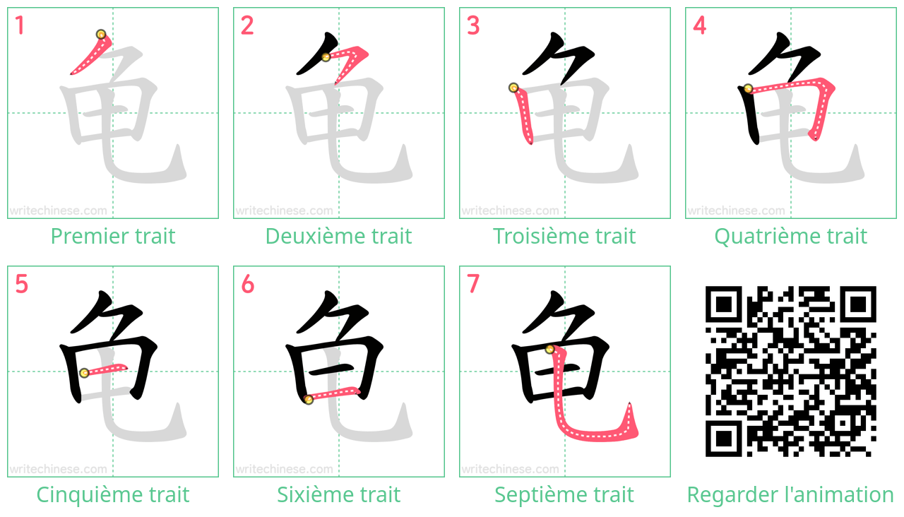 Diagrammes d'ordre des traits étape par étape pour le caractère 龟