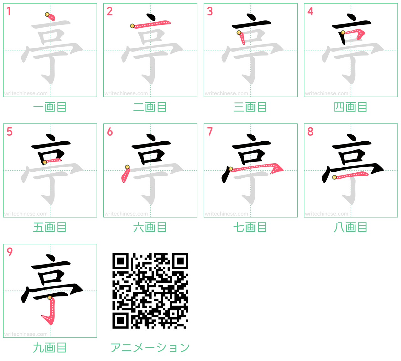 中国語の漢字「亭」の書き順 筆順
