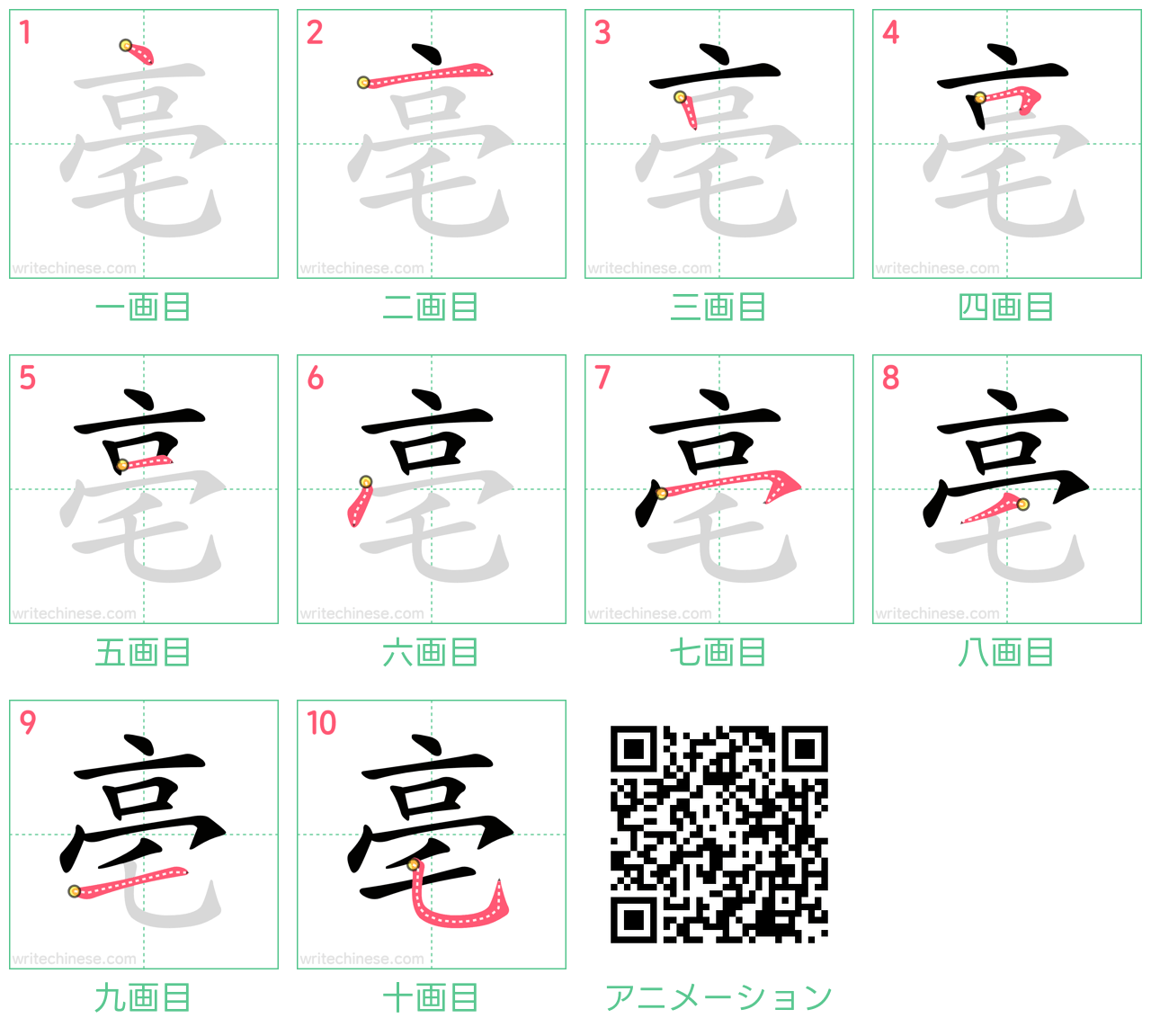 中国語の漢字「亳」の書き順 筆順