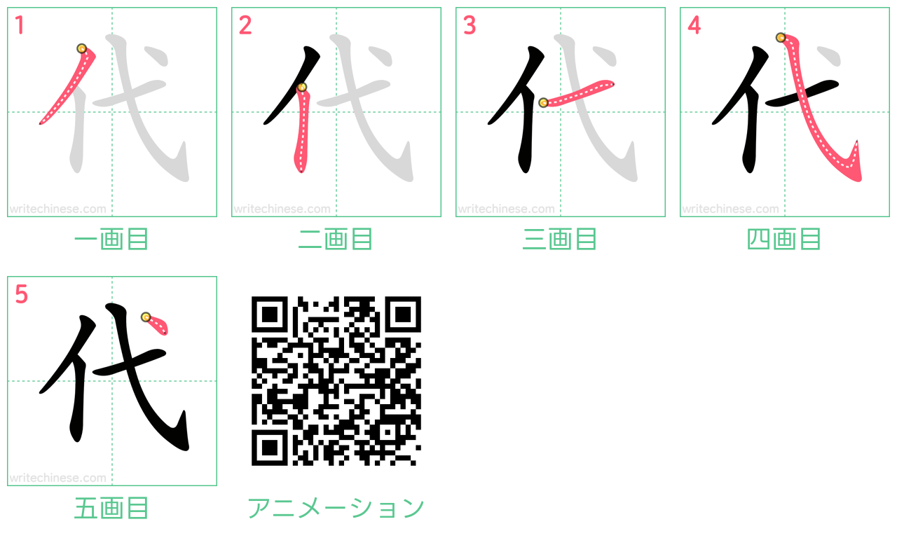 中国語の漢字「代」の書き順 筆順