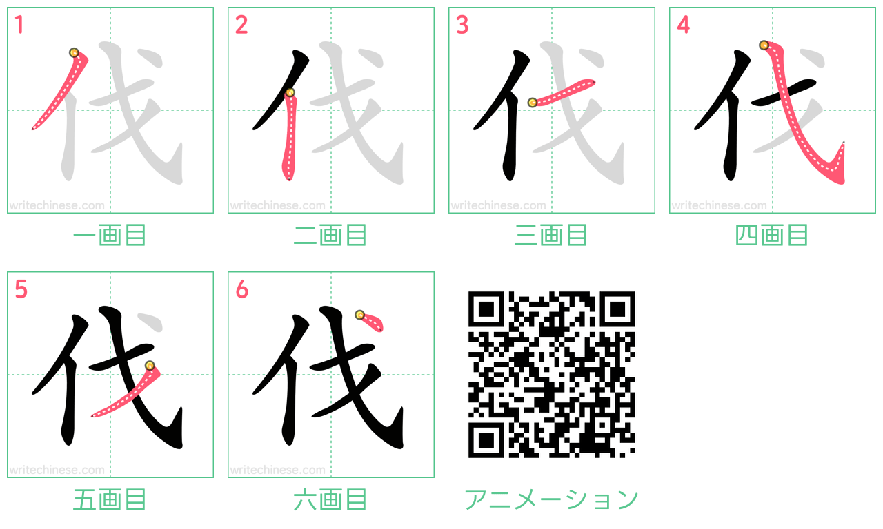 中国語の漢字「伐」の書き順 筆順