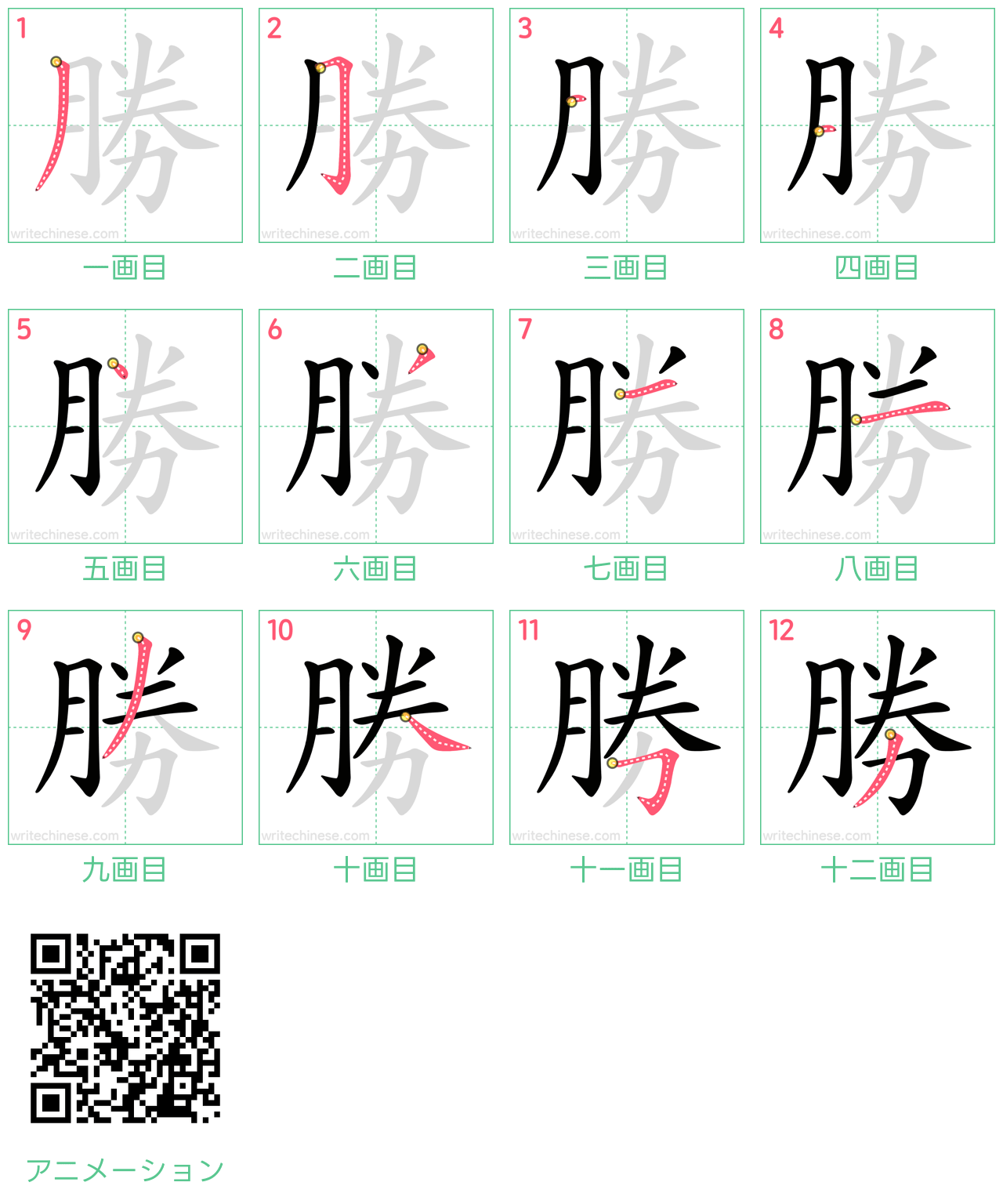 中国語の漢字「勝」の書き順 筆順