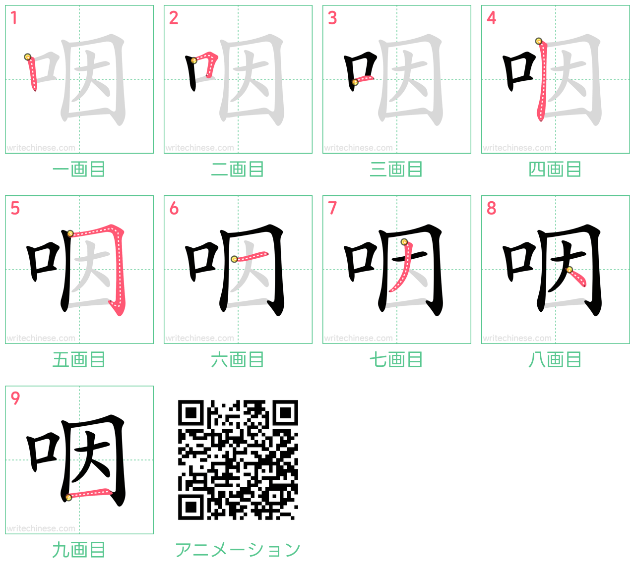 中国語の漢字「咽」の書き順 筆順